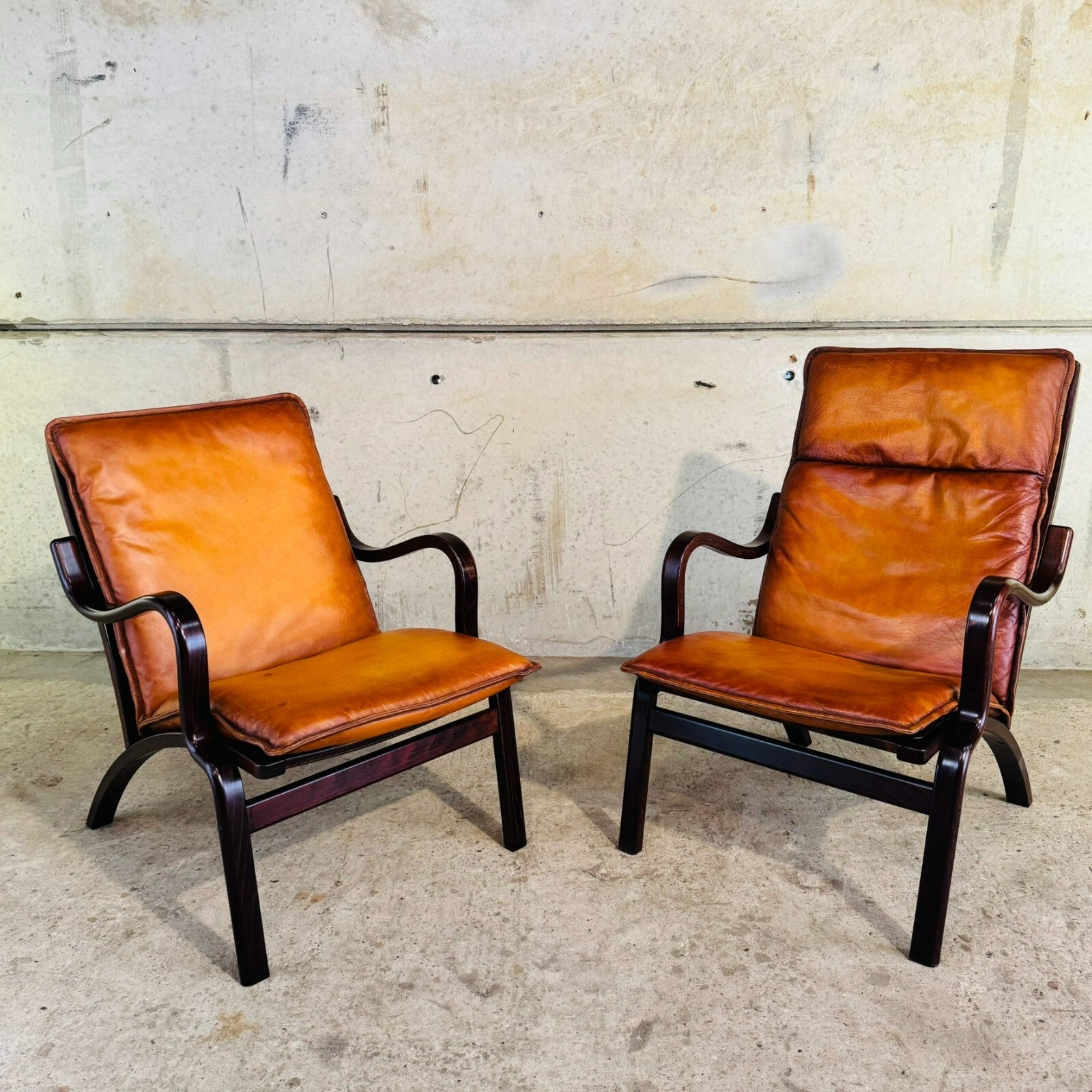 Vintage Stouby Danish His & Hers Bentwood Light Tan Leather Chairs