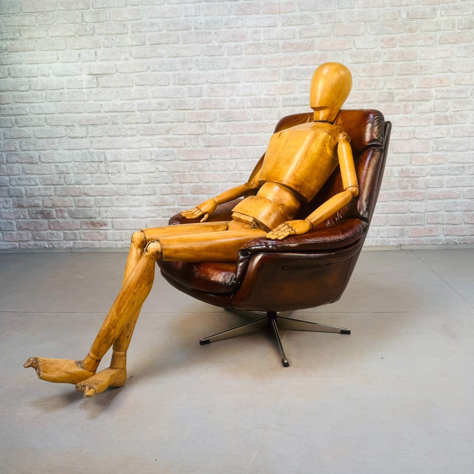 Vintage Danish Tan Leather Swivel Chair