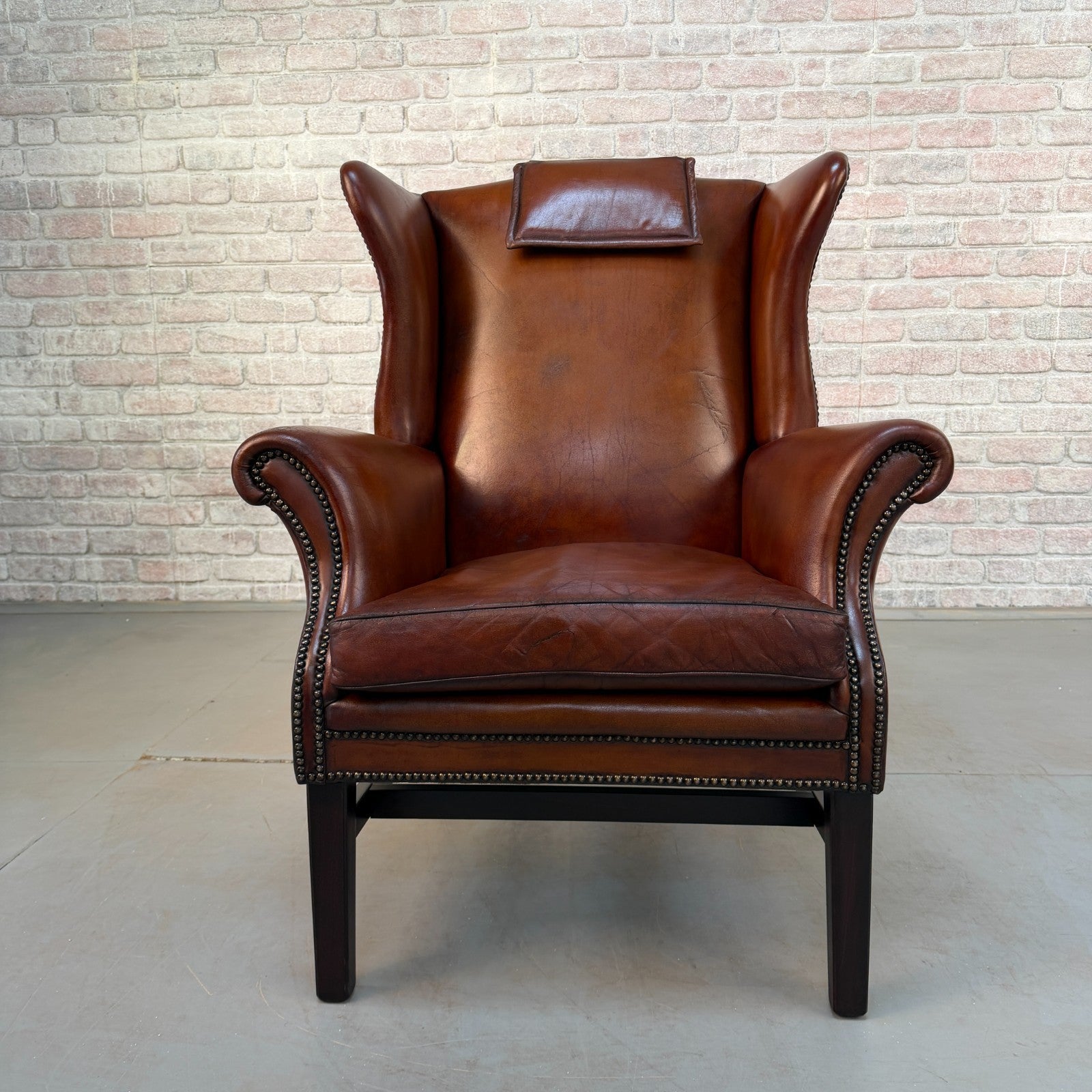 Vintage Danish Dark Tan Hand-Dyed Leather Wingback Chair & Matching Footstool