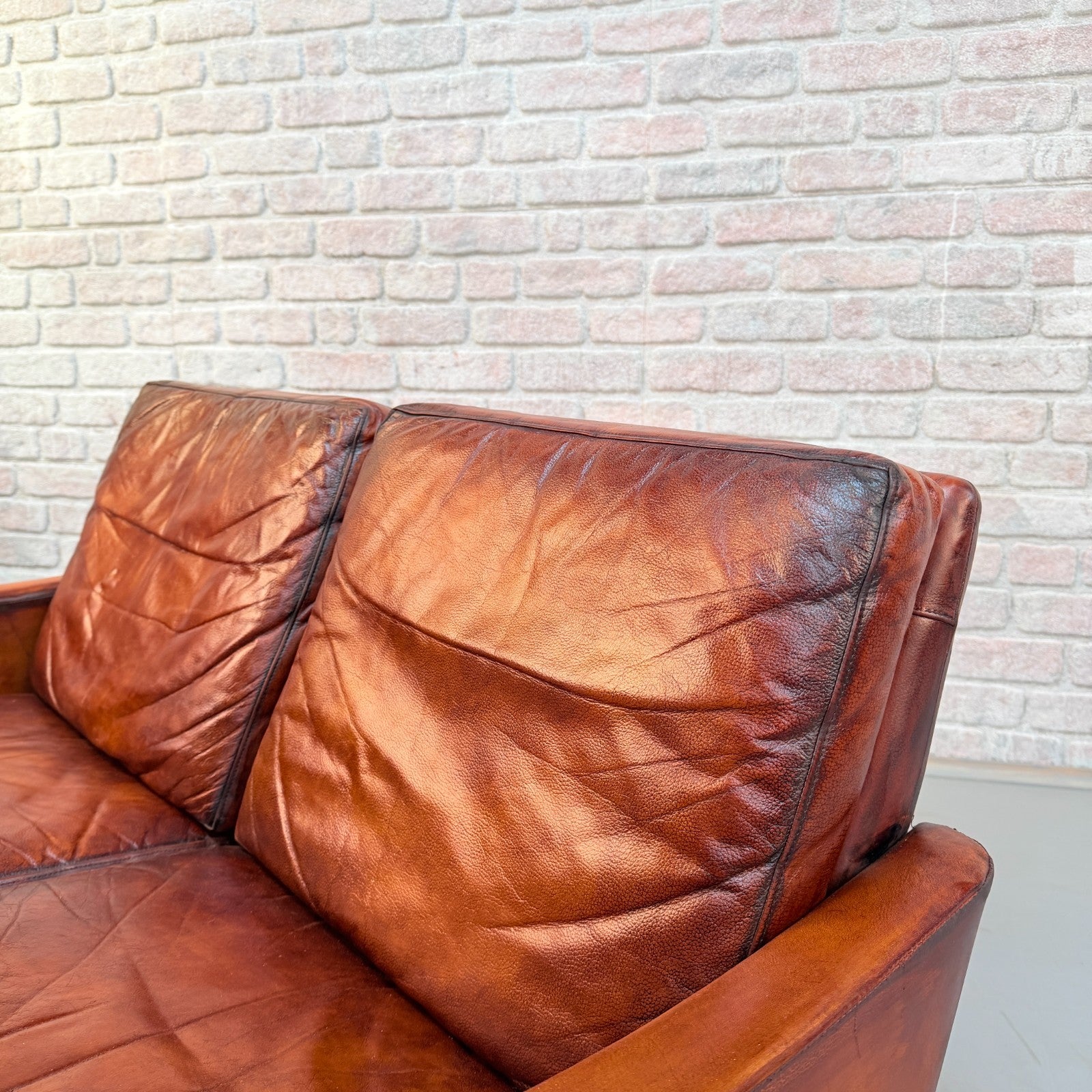 Vintage 1970s Danish Cognac Hand-Dyed Leather Two Seater Sofa