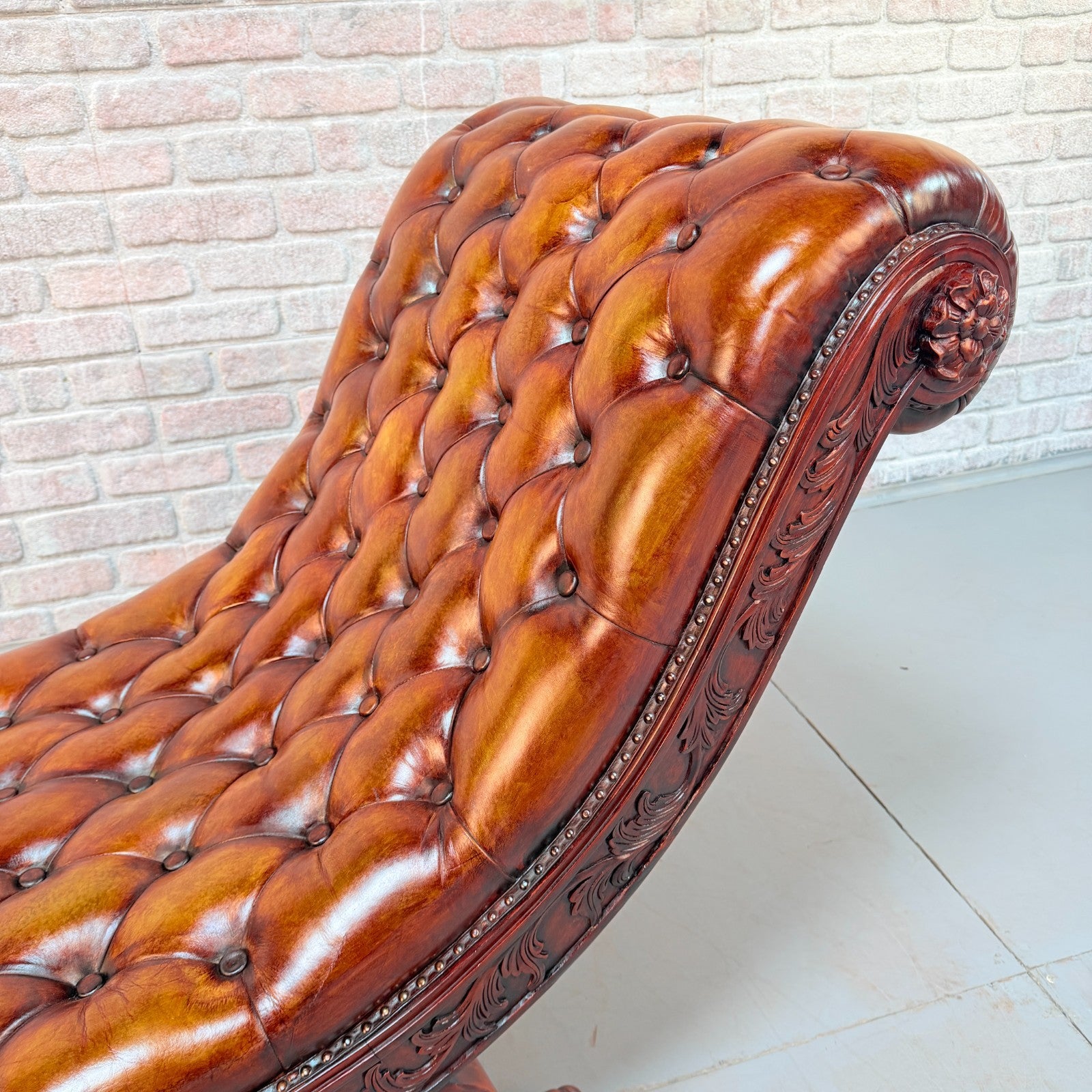 Decorative Chesterfield Style Tan Hand-Dyed Leather Chaise Lounge