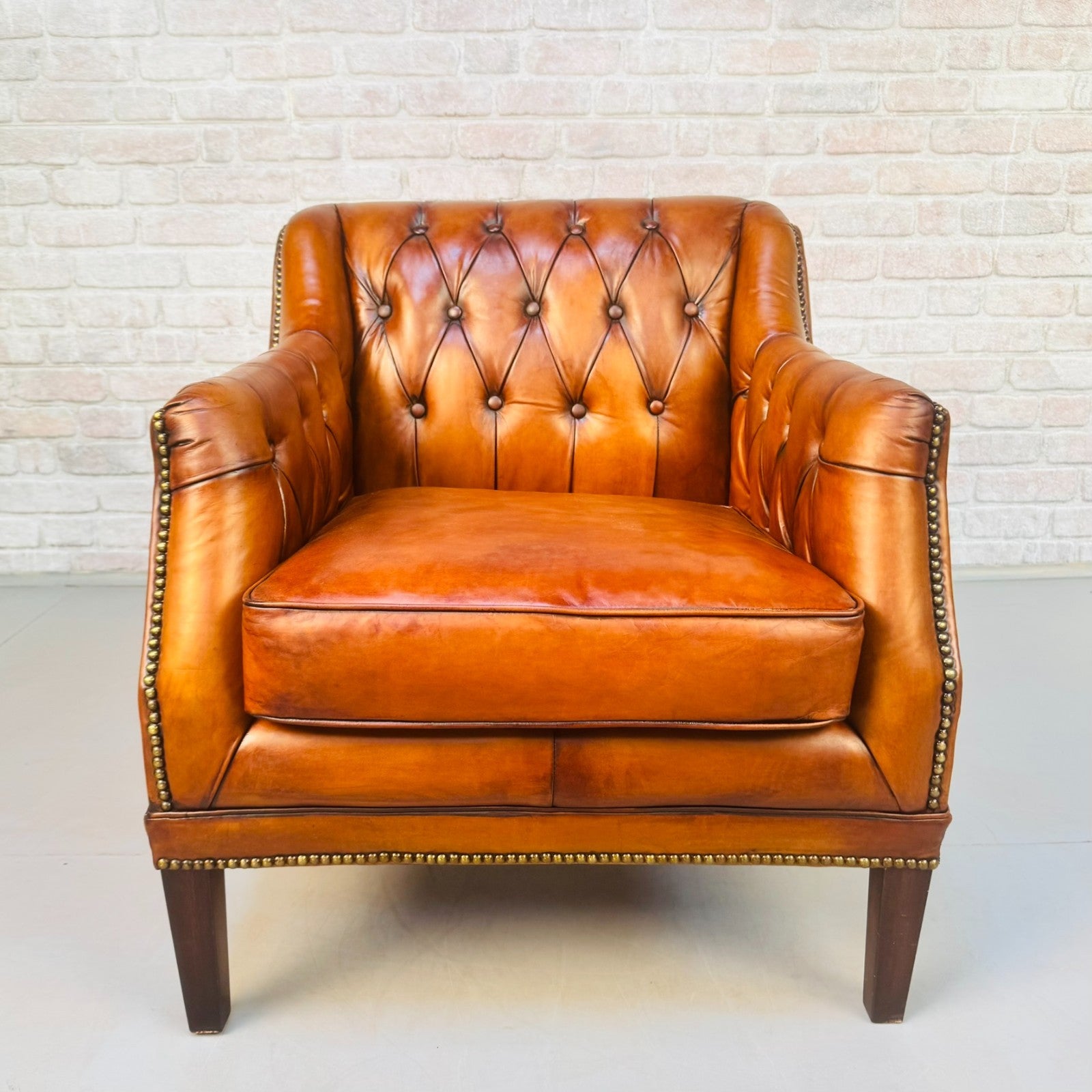 Vintage Chesterfield Armchair & Footstool Tan Leather Cognac Lounge Chair