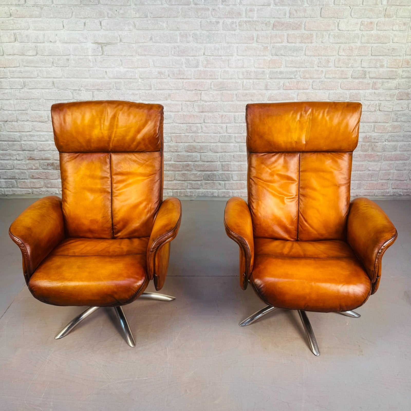 Vintage Pair of Danish High Back Swivel Recliner Chairs – Light Tan Leather