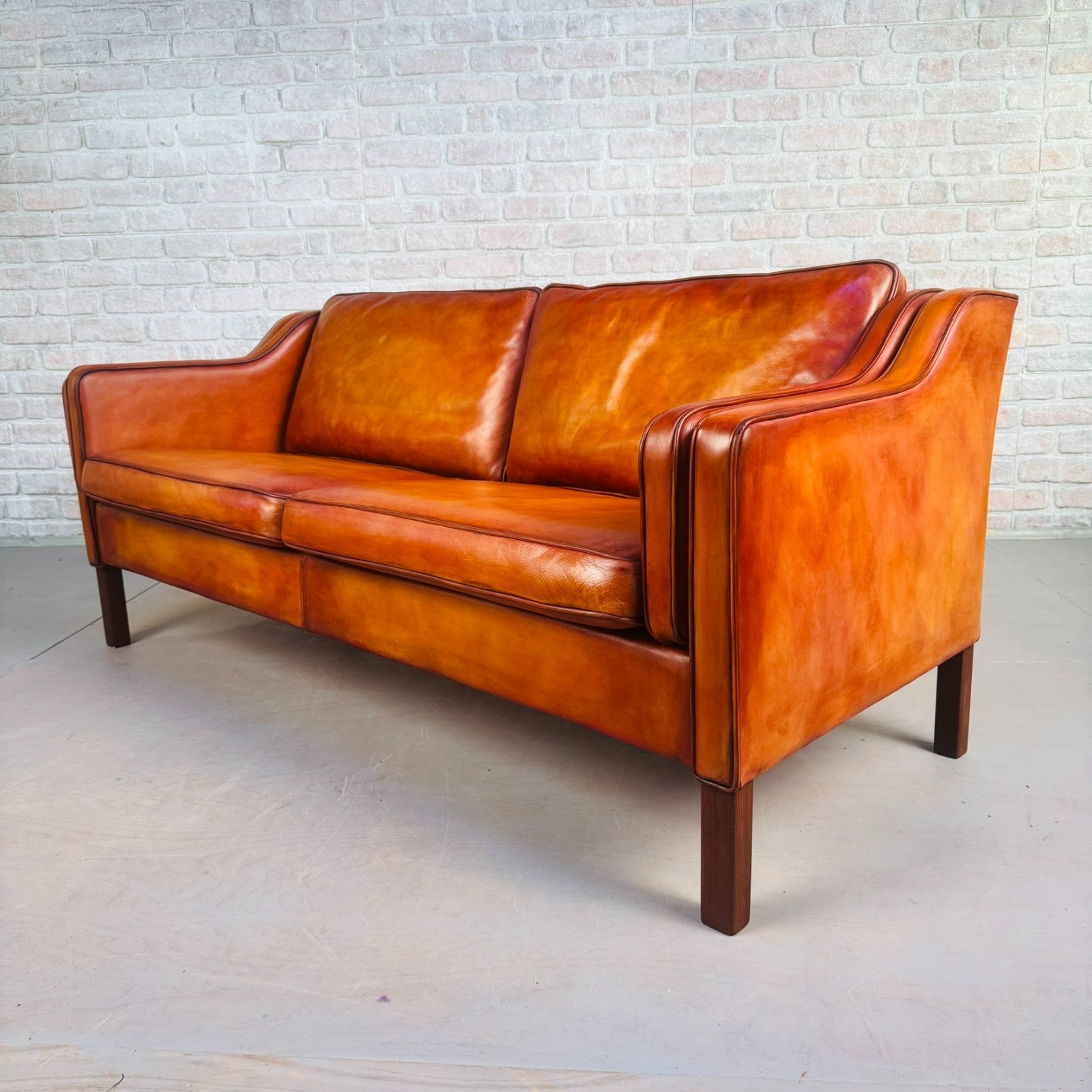 Stylish Pair of Vintage Danish Tan Leather 2.5 Seater Sofas