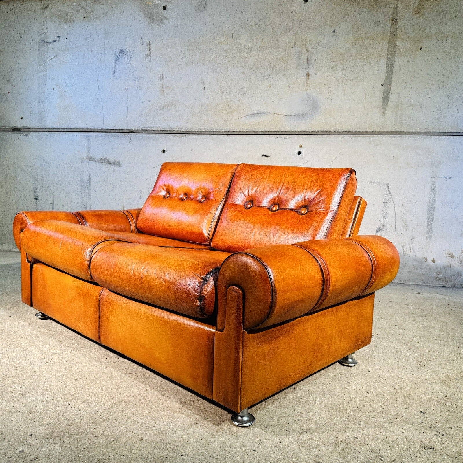 Vintage  RetroDanish Leather  Two Seater Sofa Hand Dyed Tan, Strap Detail