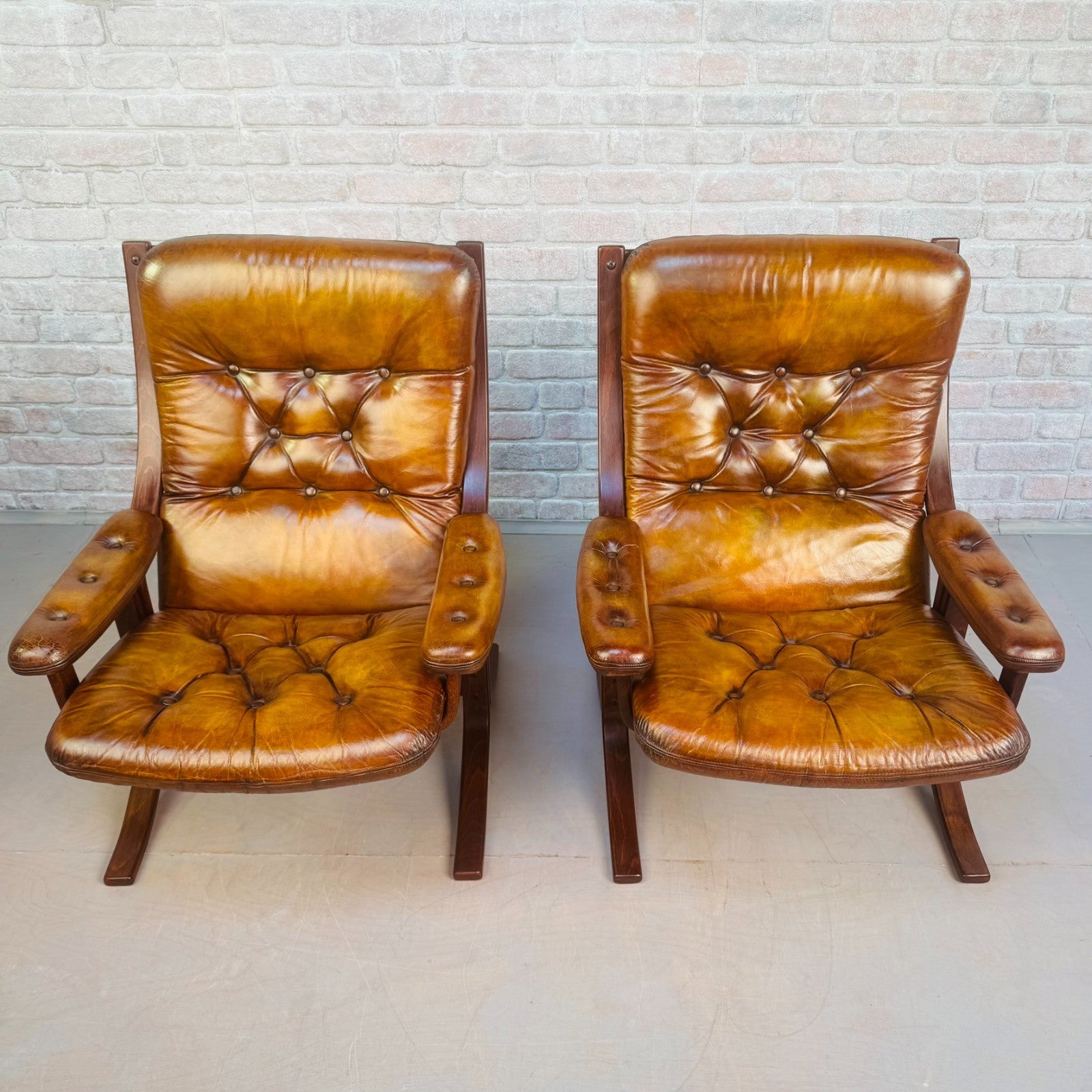 Pair of Vintage Danish Tan Leather Armchairs High Back Mid Century Chairs
