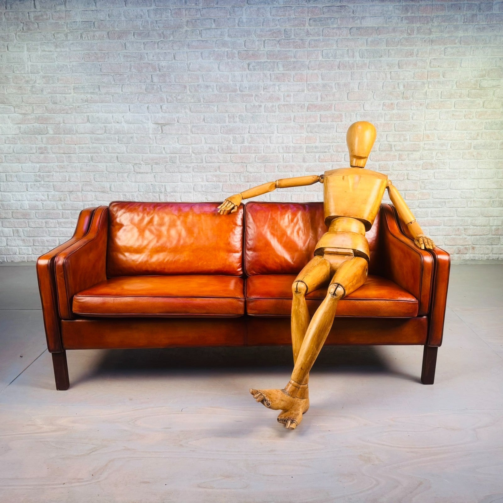 Stylish Pair of Vintage Danish Tan Leather 2.5 Seater Sofas