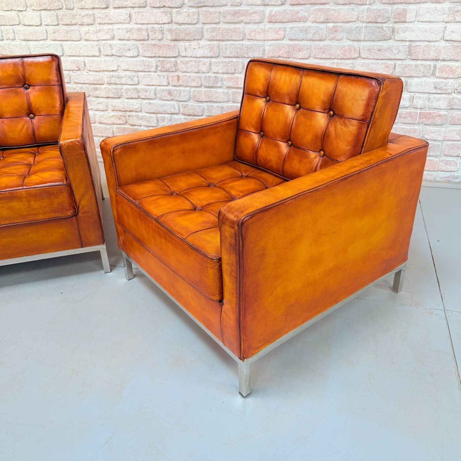 Vintage Pair of Florence Knoll Style Tan Leather Armchairs