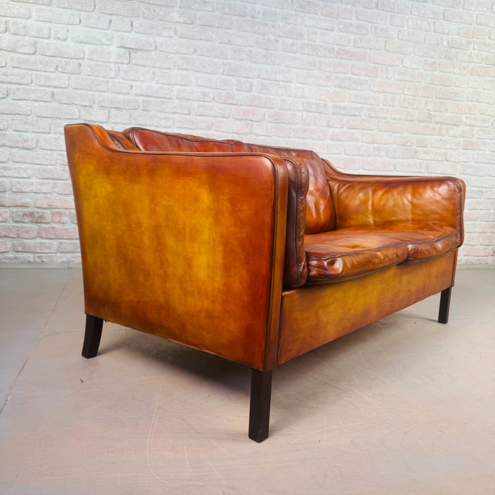 Vintage Danish Tan Leather Two-Seater Sofa 1970s Mid Century Hand Dyed