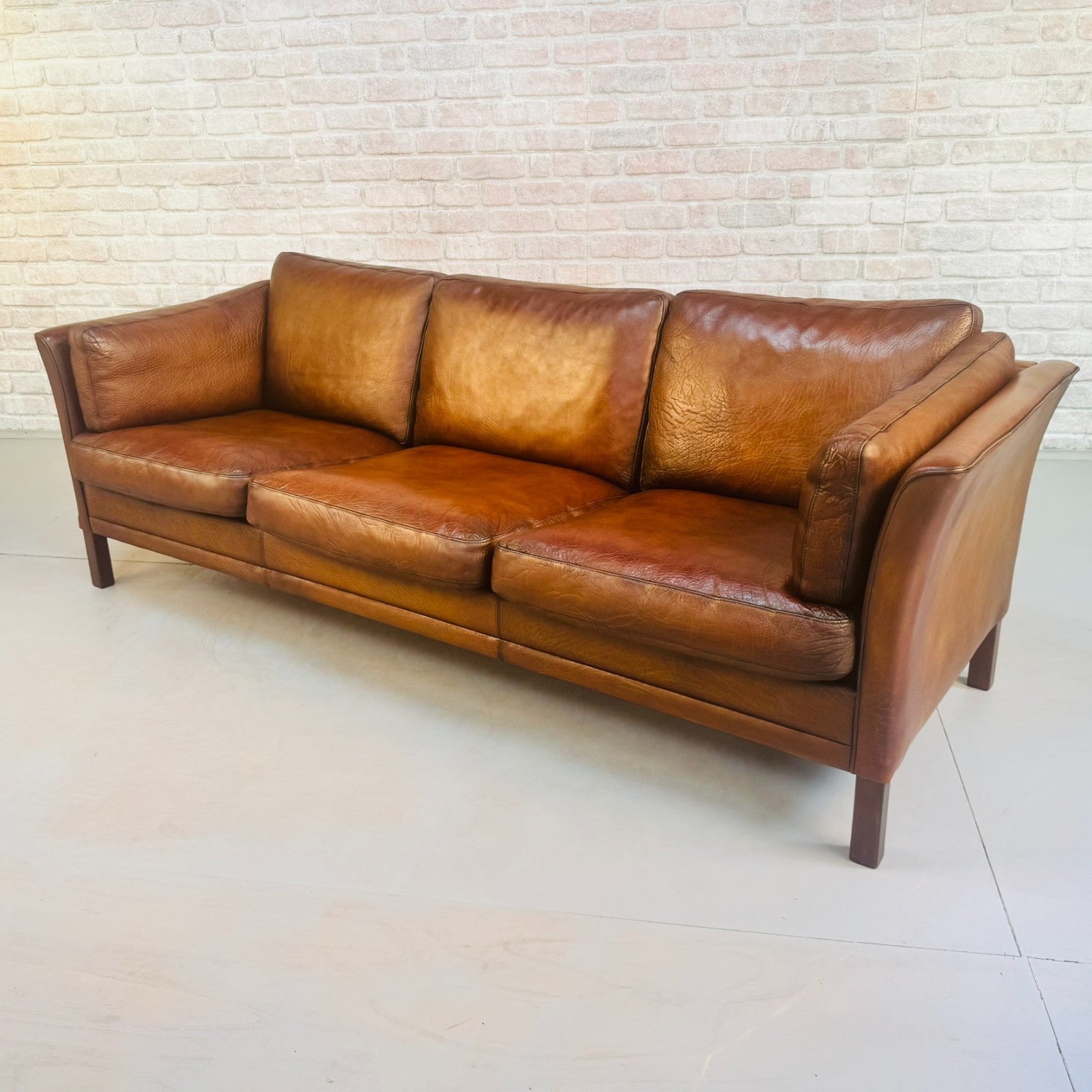 Vintage 1970s Mogens Hansen Danish Three Seater Tan Leather Sofa