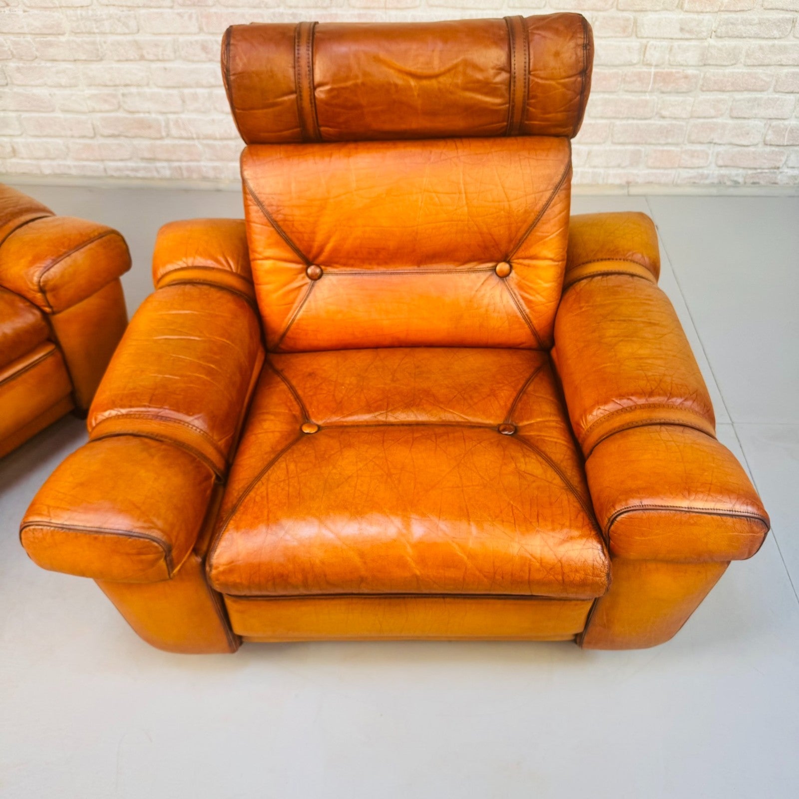 Pair Vintage Skippers Danish His & Hers Light Tan Leather Armchairs