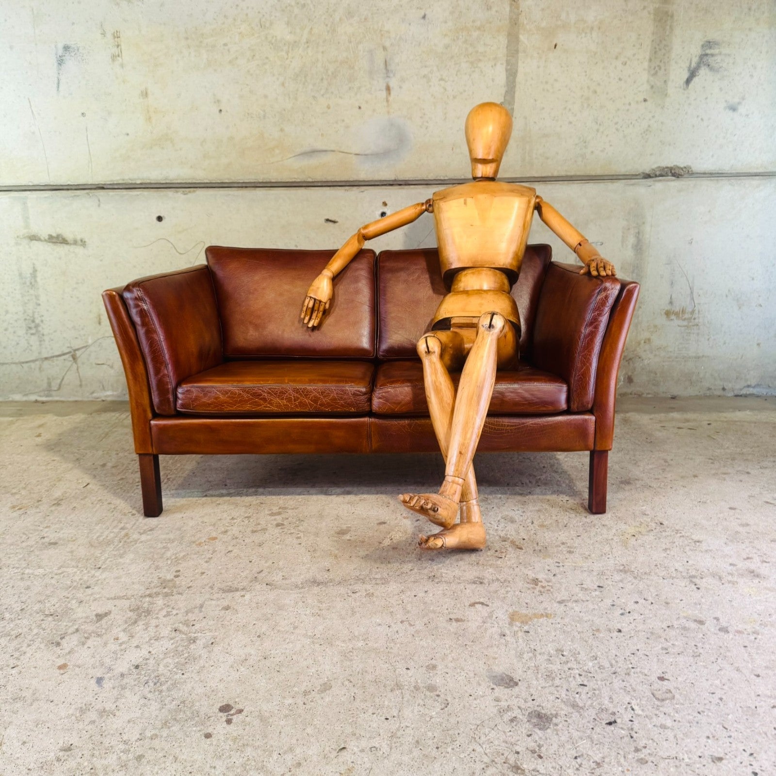 Vintage Danish Tan Leather 2 Seater Sofa — Neat Proportions