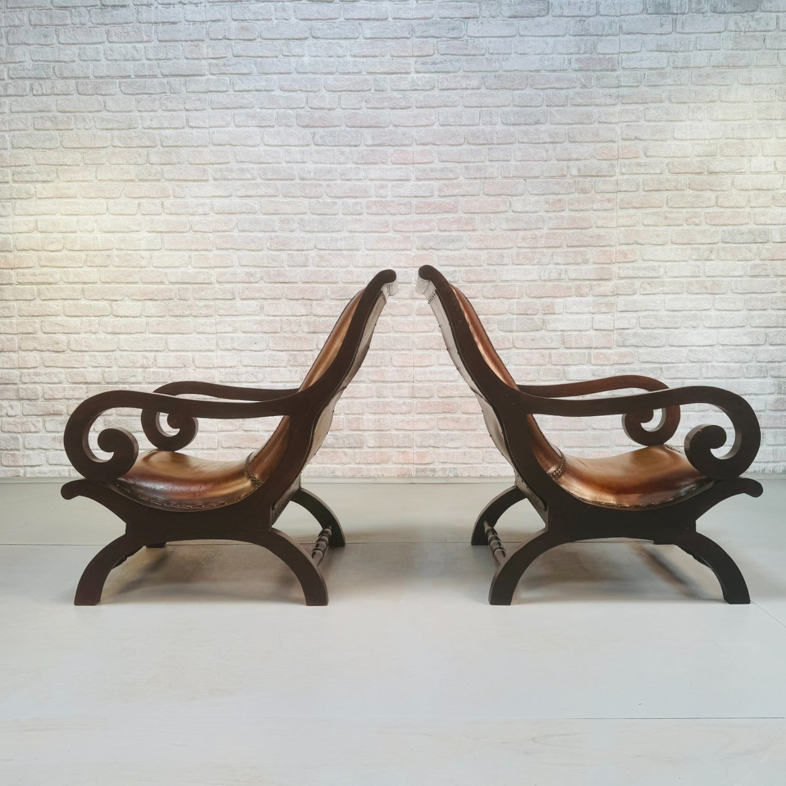 Vintage Danish Pair of Tan Leather Slipper Lounge Armchairs Mahogany Frame 1970s