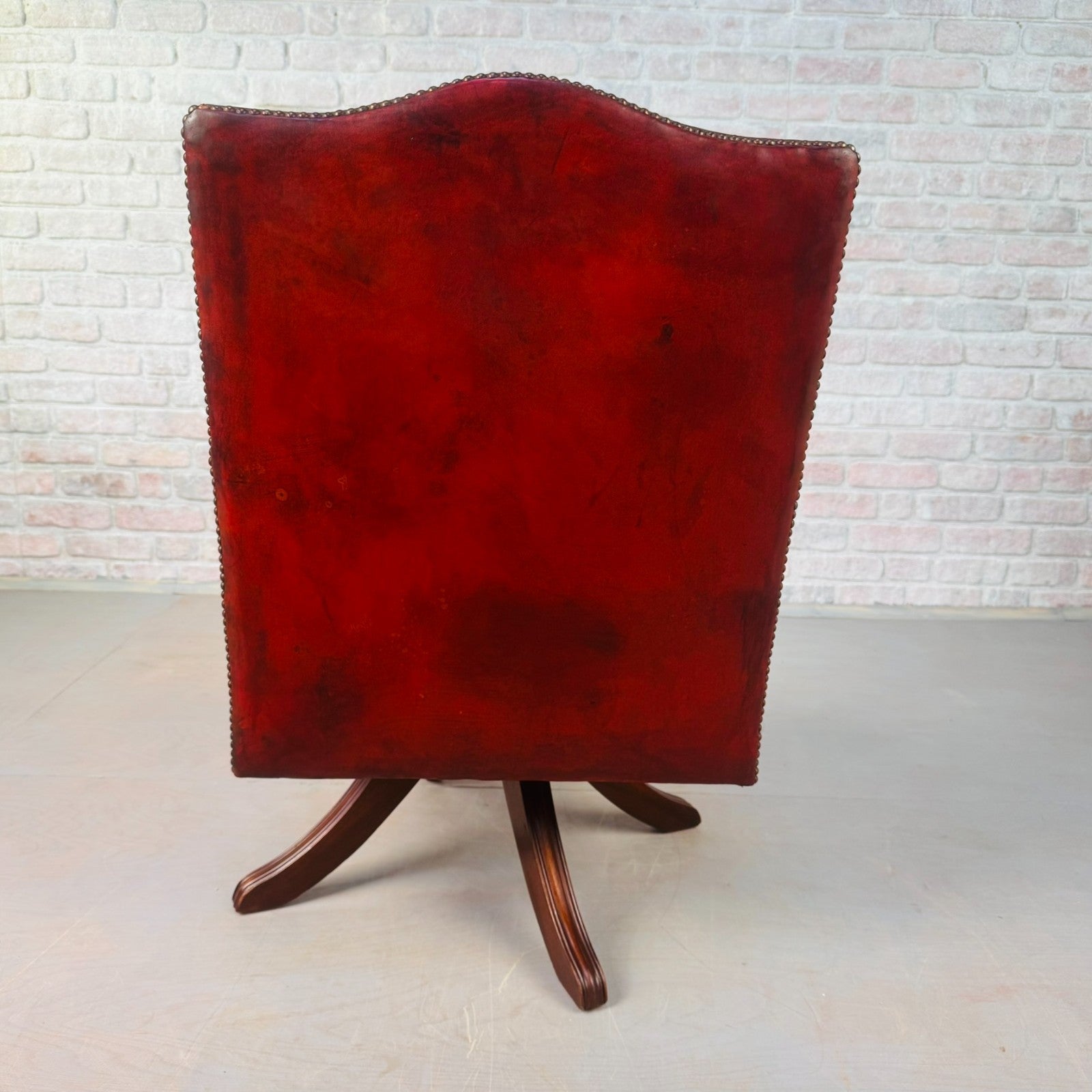 English Vintage Deep Red Leather Swivel Office Desk Chair