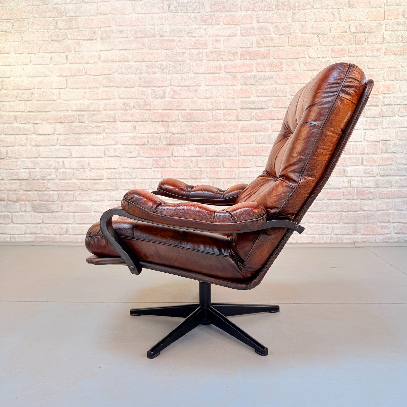 Vintage Danish Tan Leather Swivel Chair Hand Dyed Cognac Patina Lounge Chair