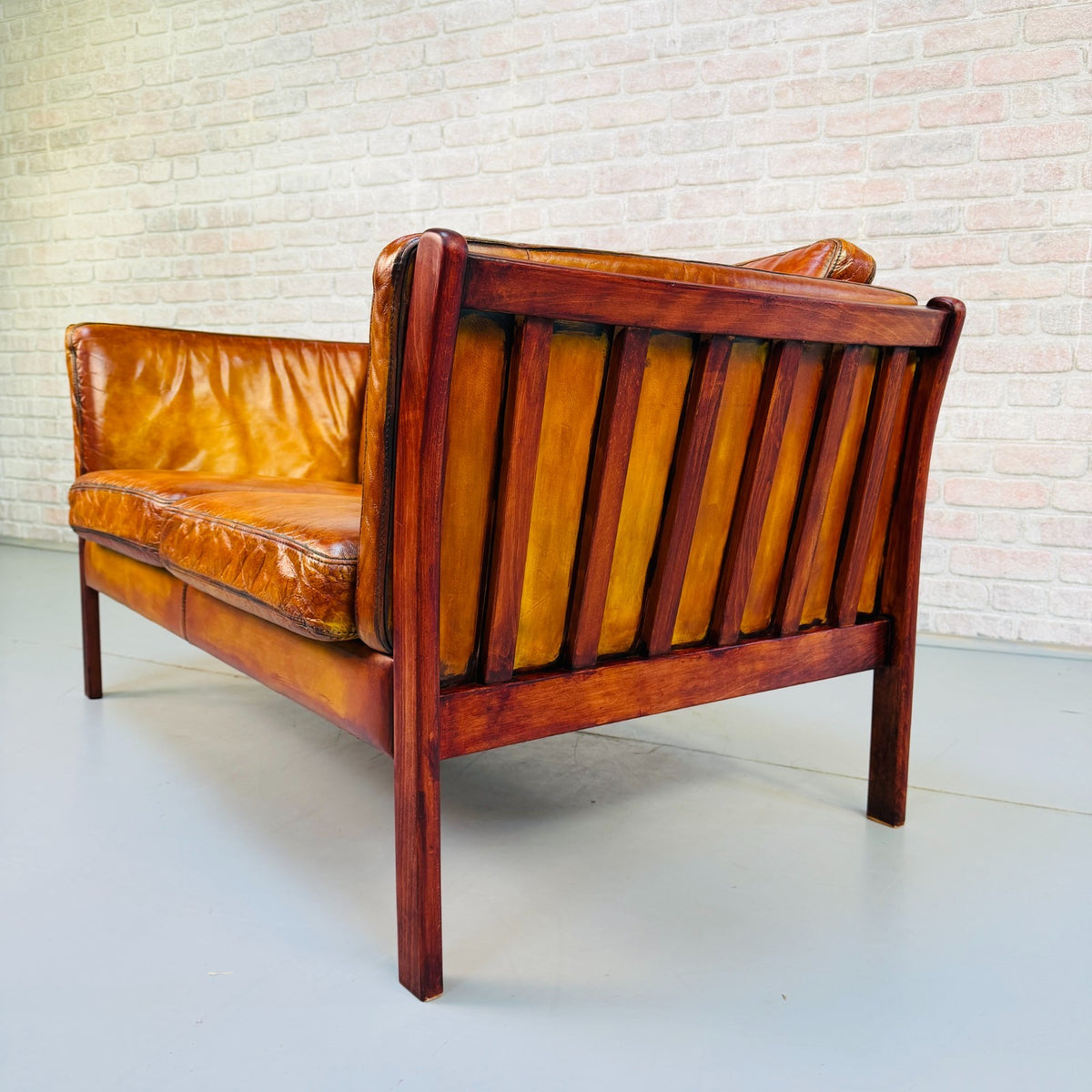 Vintage Danish Tan Leather 2 Seater Sofa – Hand Dyed Beautiful Patina