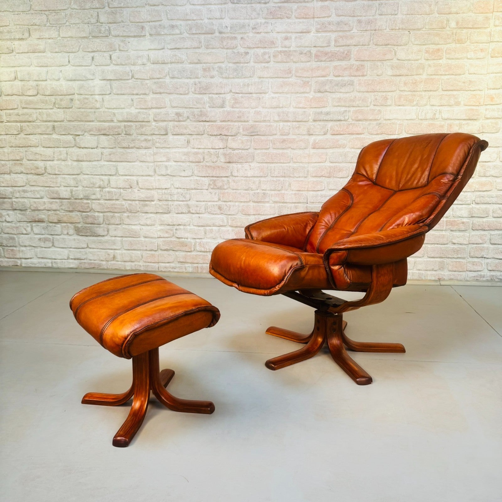 Vintage Danish Reclining Swivel Chair & Footstool | Hand Dyed Tan Leather