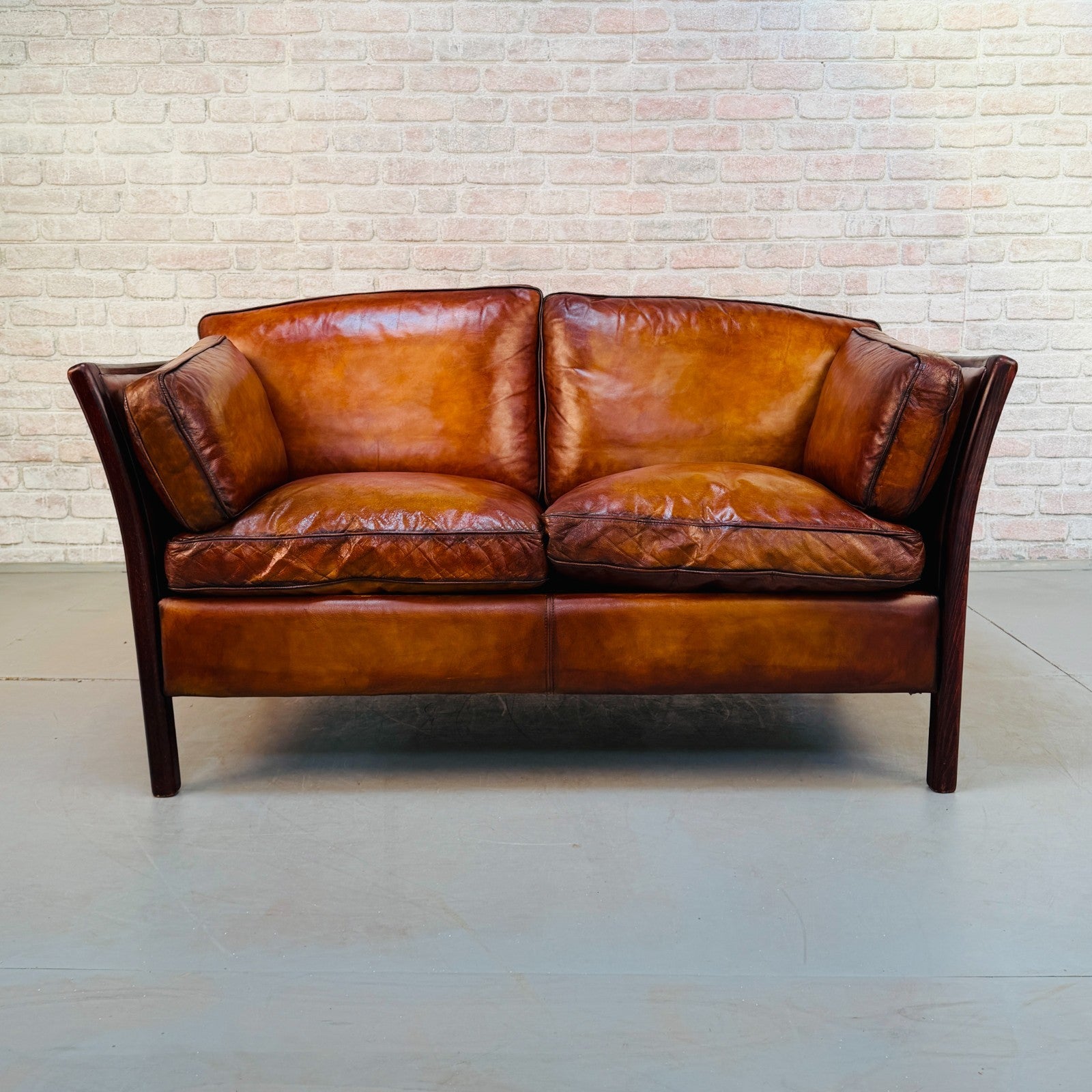 Vintage Danish Stouby Tan Hand-Dyed Leather Two Seater Sofa