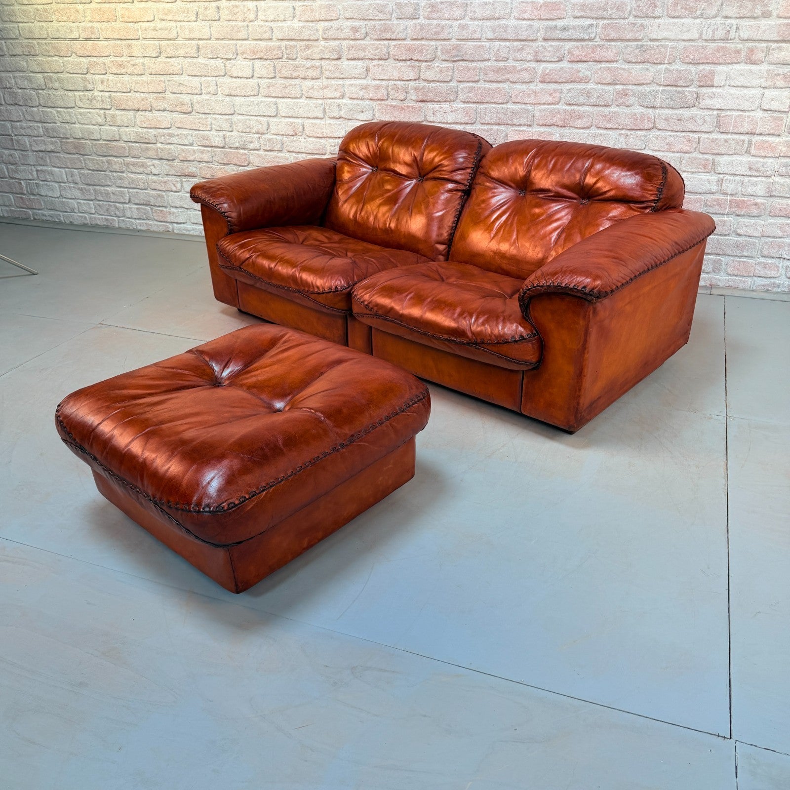 Vintage 70s De Sede DS-101 Two Seater Sofa & Footstool Cognac Leather Switzerlan