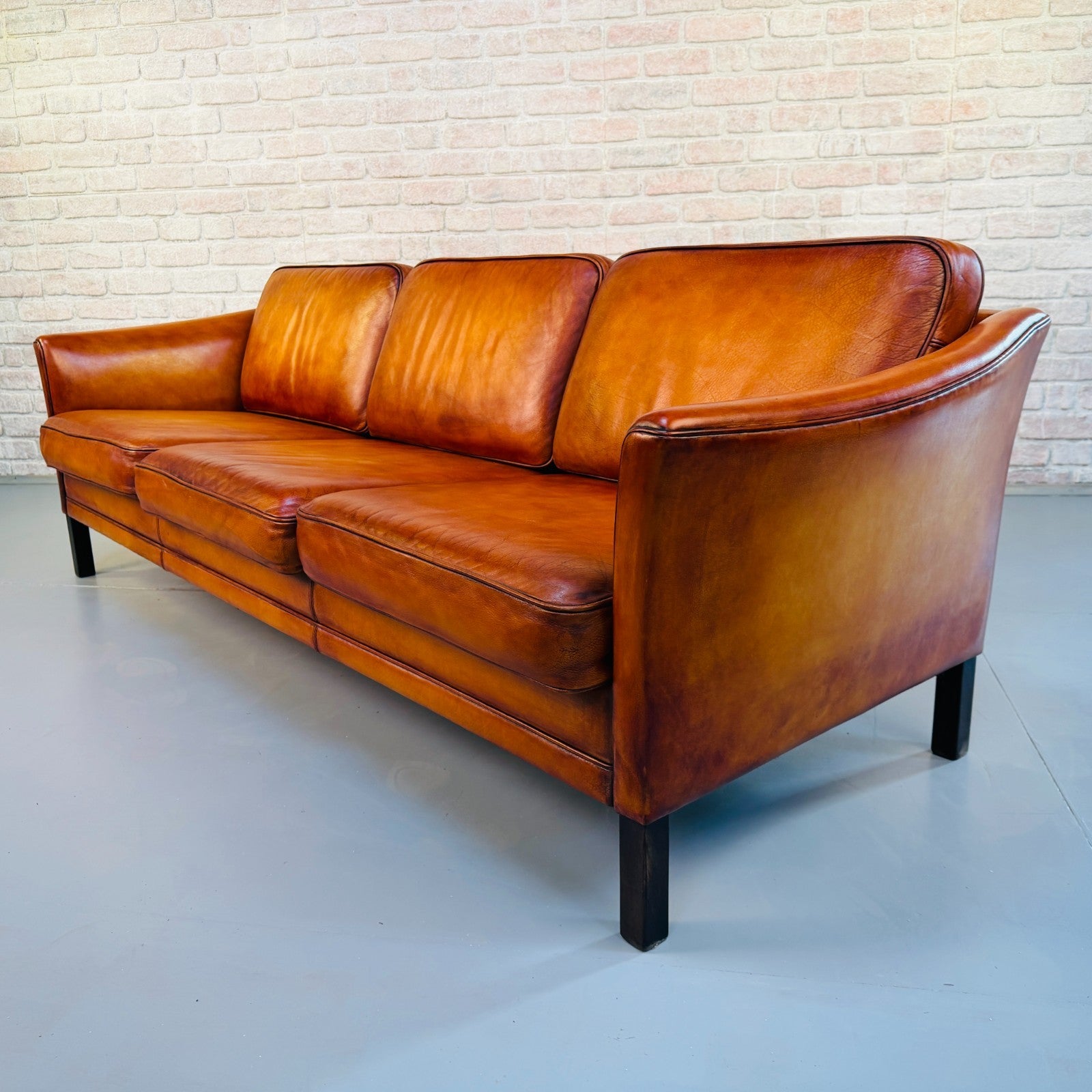 Vintage 1970s Danish Mogens Hansen Long Tan Leather Three Seater Sofa