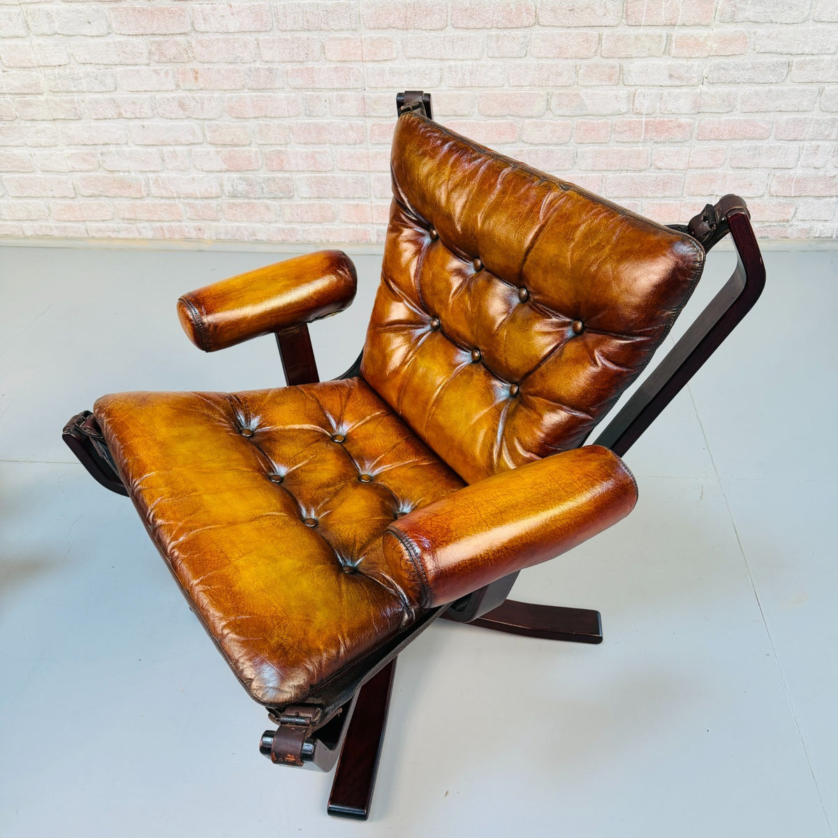 Pair Vintage 1970s Sigurd Ressel Falcon Chairs Tan Leather Norwegian Design
