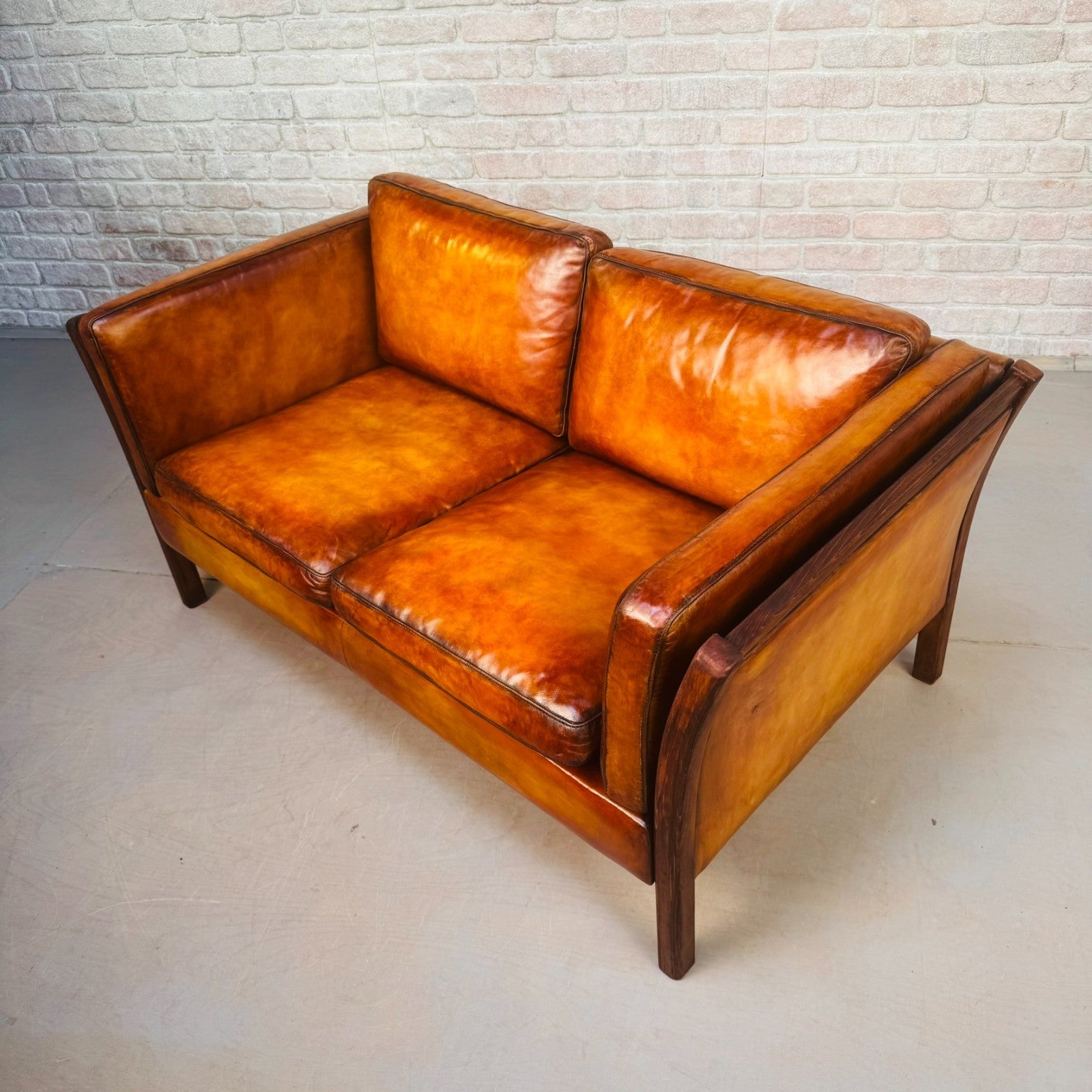 Vintage Danish Stouby Tan Leather Two Seater Sofa
