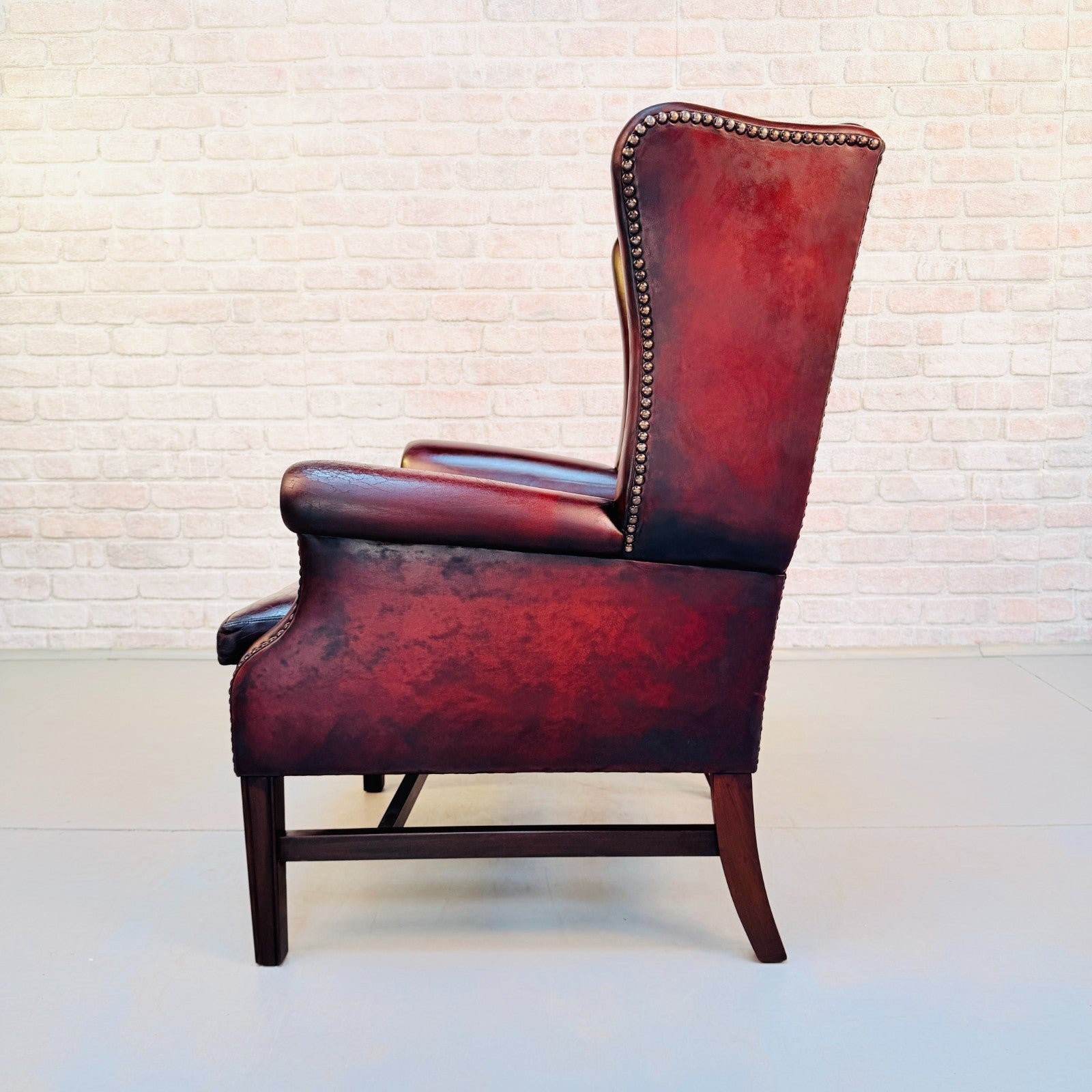 Vintage Danish Deep Red Leather Wingback Chair Hand Dyed Chestnut Patina
