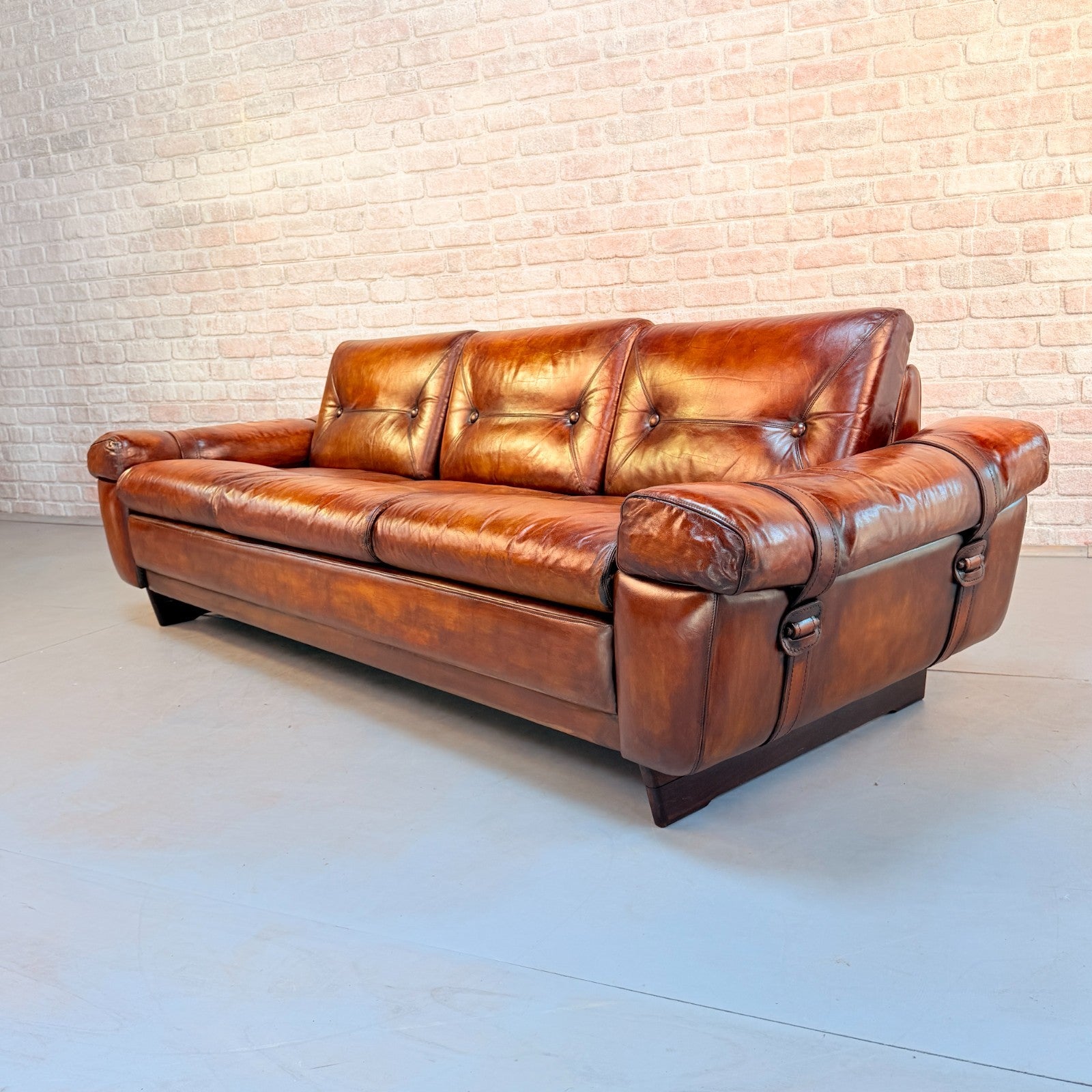 Vintage Svend Skippers Danish Tan Leather 3 Seater Sofa Hand Dyed Patina