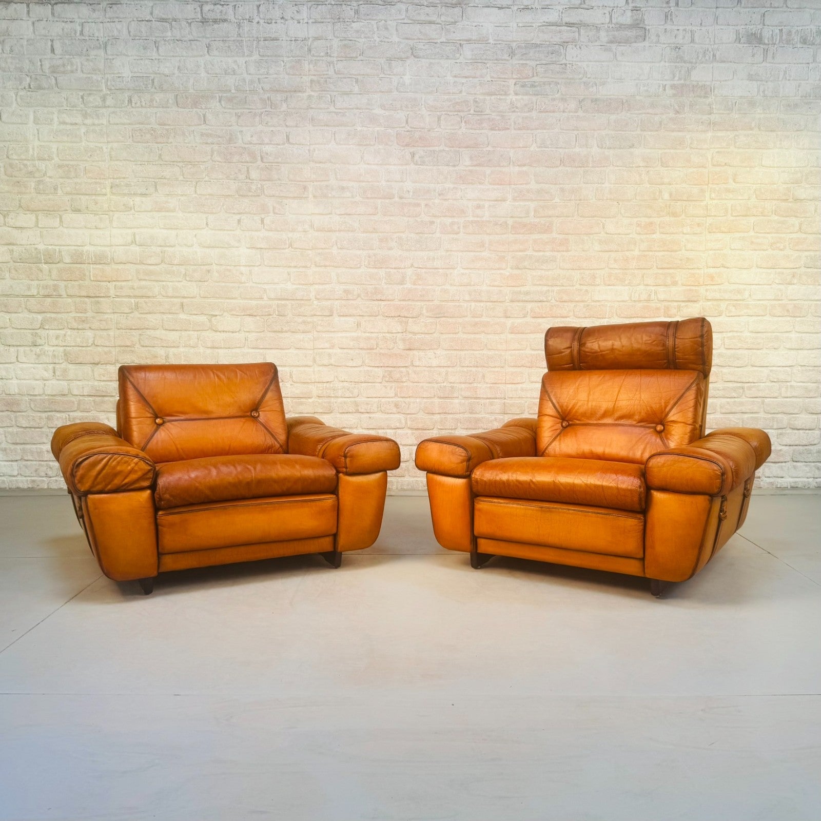 Pair Vintage Skippers Danish His & Hers Light Tan Leather Armchairs