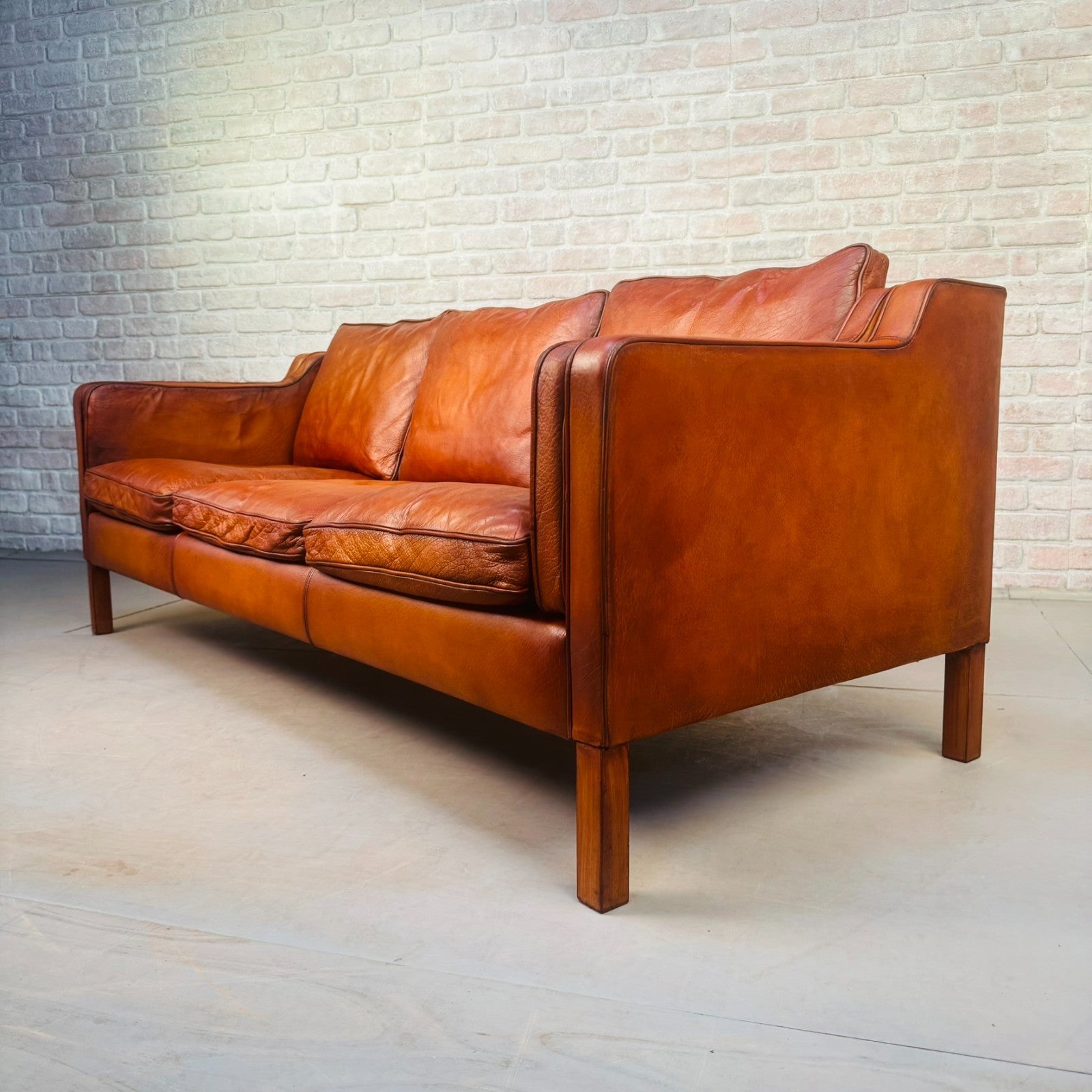 Vintage Danish Børge Mogensen Style Cognac Leather Three Seater Sofa