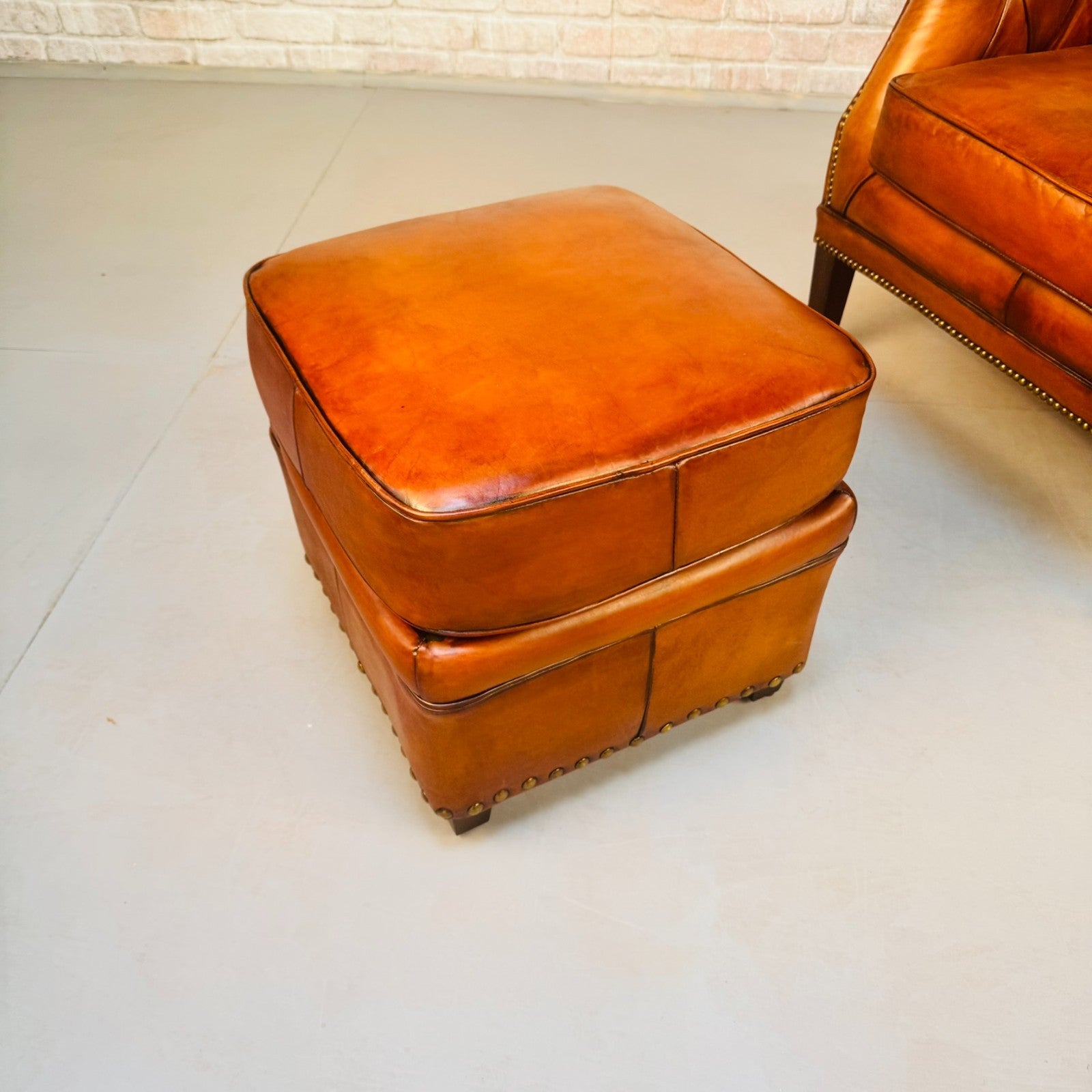 Vintage Chesterfield Armchair & Footstool Tan Leather Cognac Lounge Chair