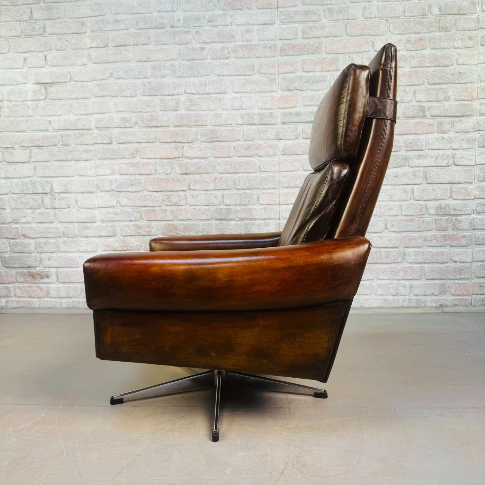 Vintage 1970s Danish Tan Leather Swivel Chair Mid Century Armchair