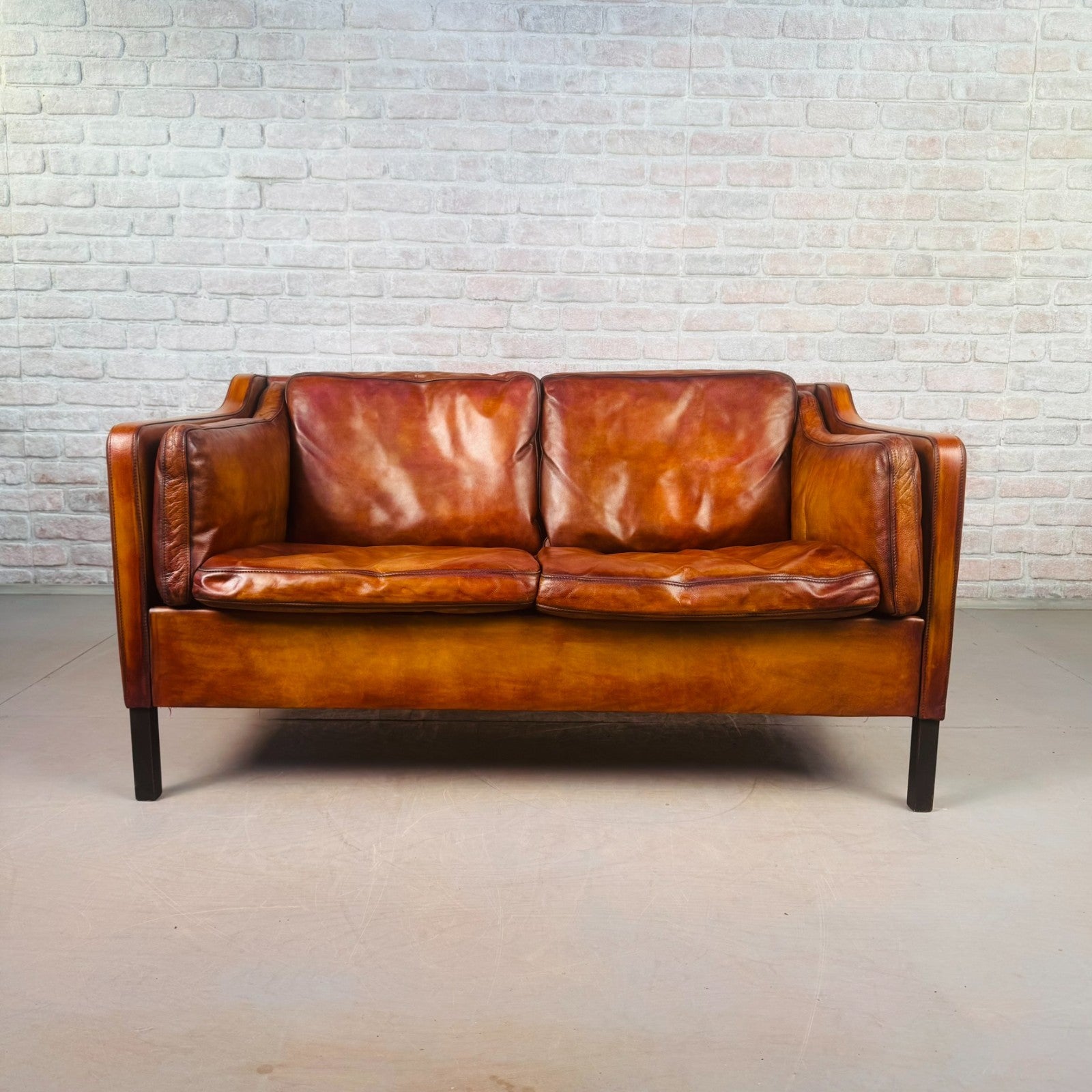 Vintage Danish Tan Leather Two-Seater Sofa 1970s Mid Century Hand Dyed