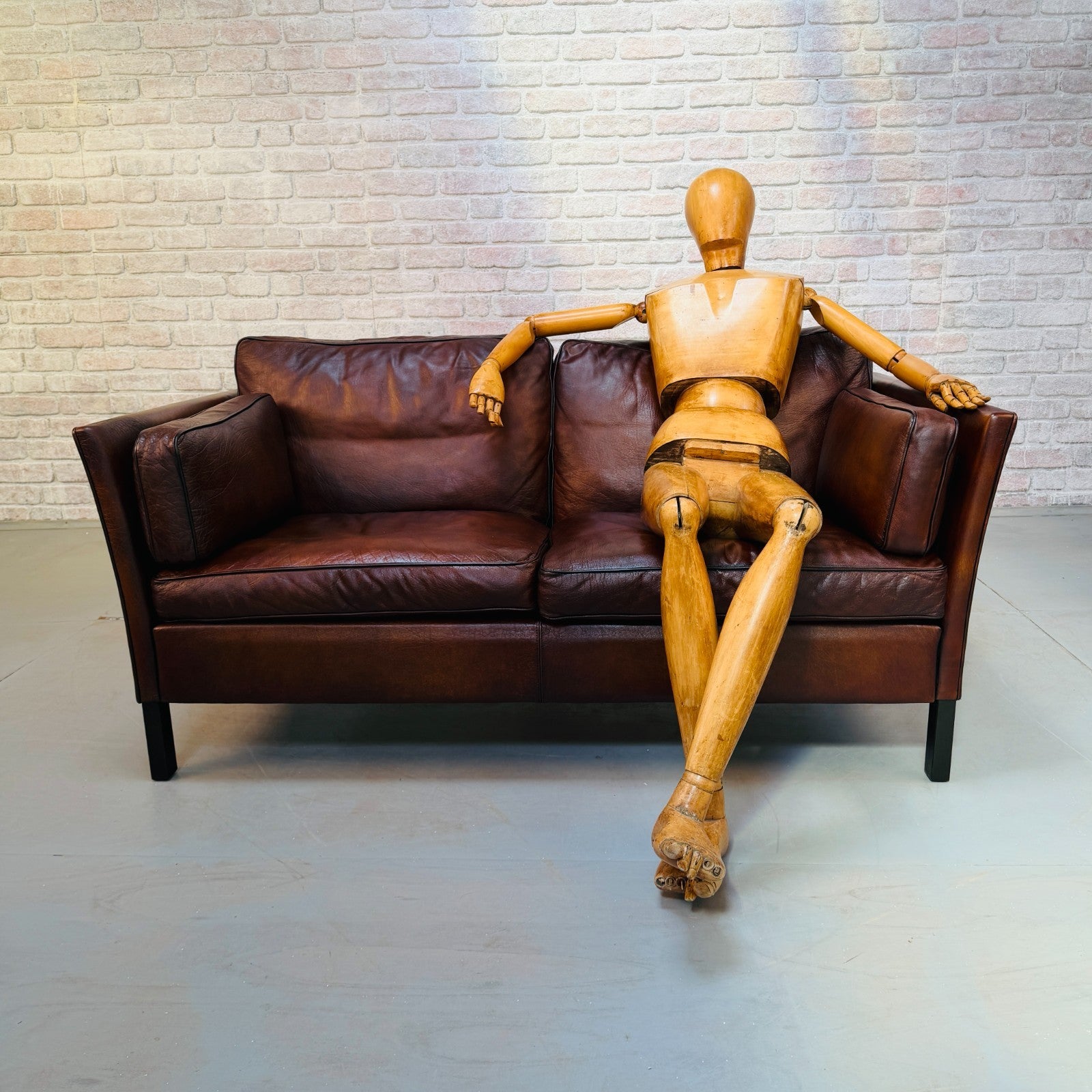 Vintage 1970s Danish Dark Tan Hand-Dyed Leather Two Seater Sofa