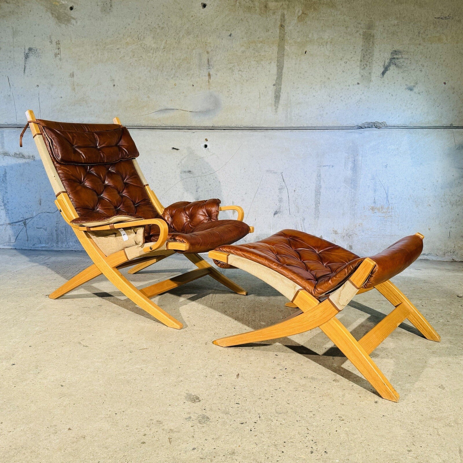 Stylish Swedish 1970s Tan Leather And Canvas Armchair and Footstool