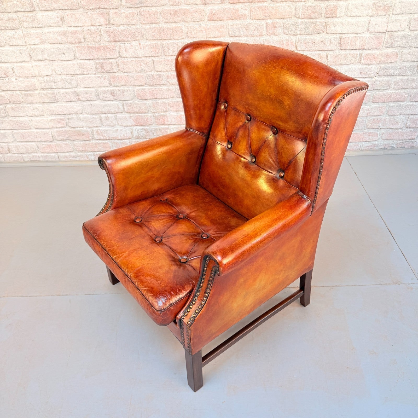 Vintage Danish Cognac Leather Wingback Armchair Hand Dyed Patina Chair