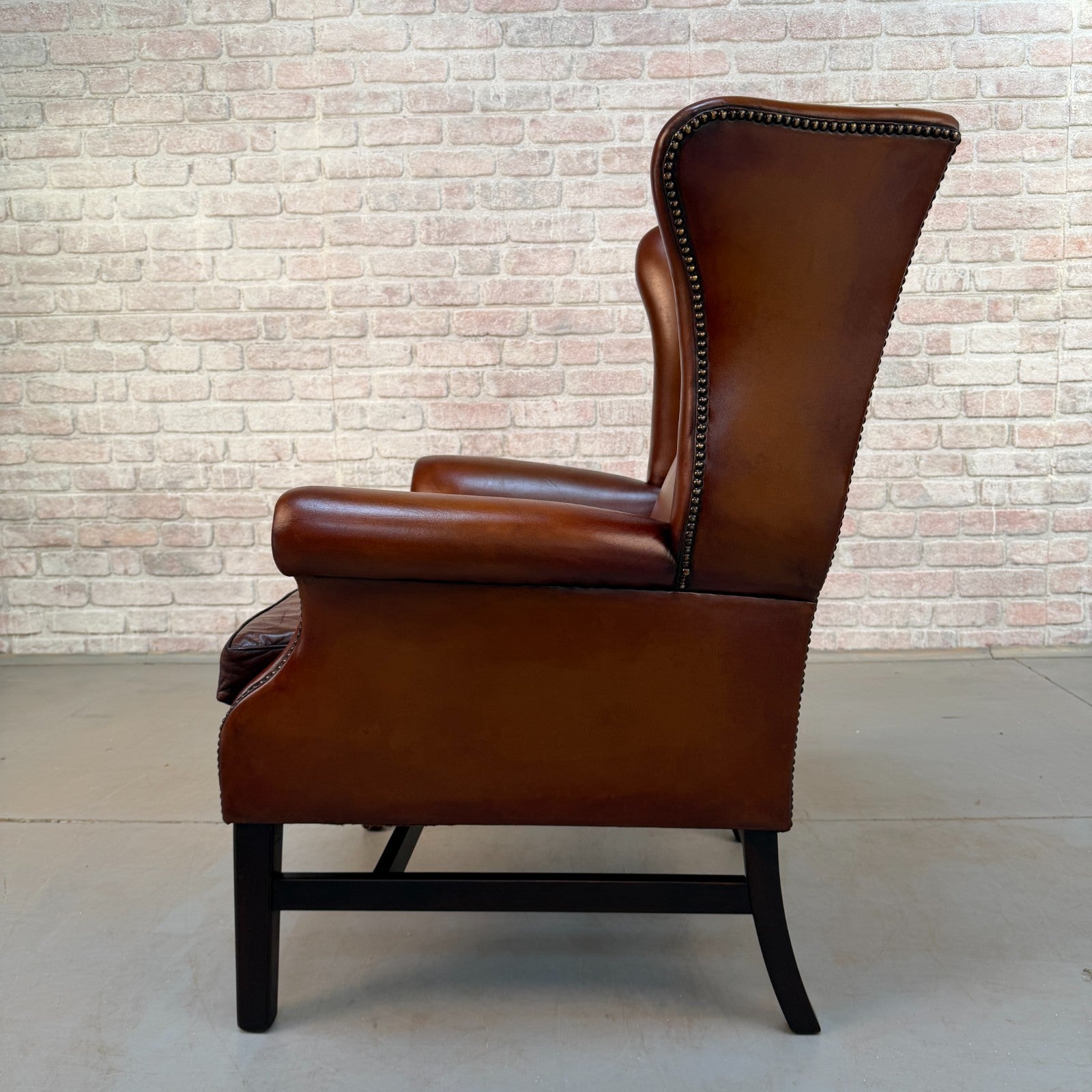 Vintage Danish Dark Tan Hand-Dyed Leather Wingback Chair & Matching Footstool