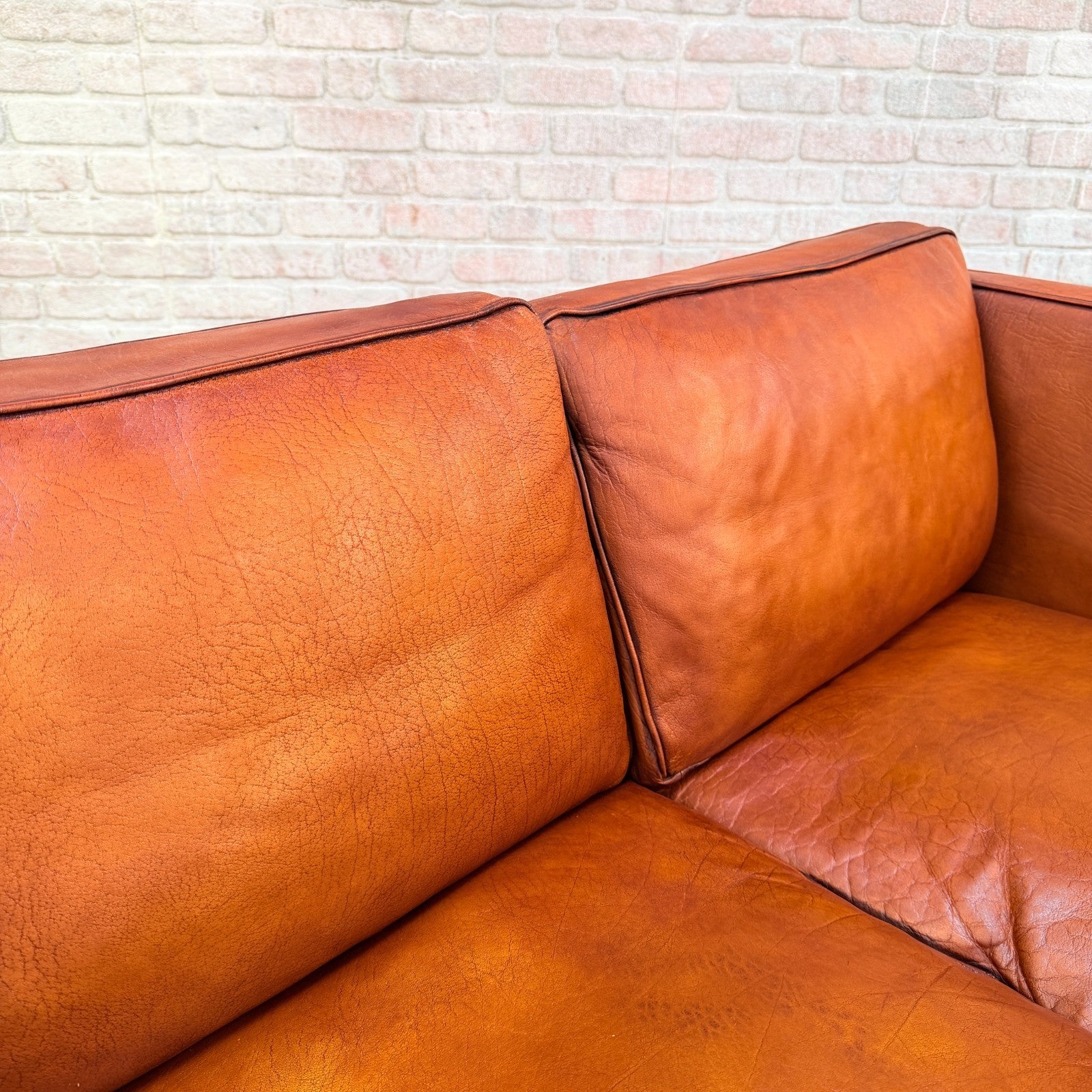 Vintage Danish Tan Leather 2 Seater Sofa Hand Dyed Buffalo Leather Patina