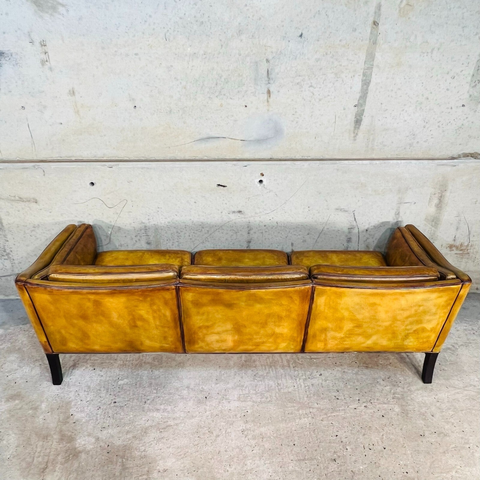 Vintage 1970s Danish Erik Jorgensen Patinated Light Tan Three-Seater Leather Sofa