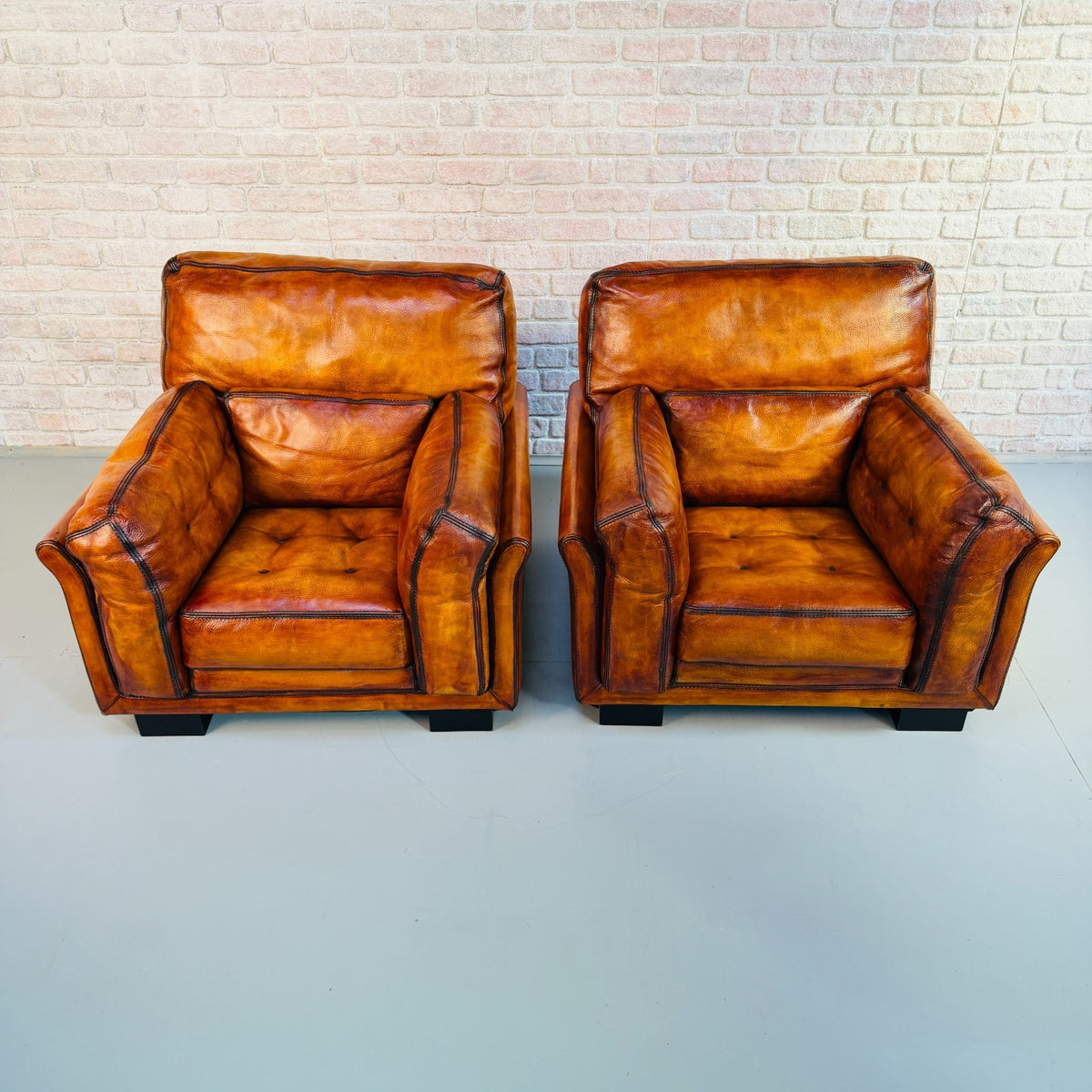Huge Pair Vintage Roche Bobois Hand Dyed Tan Leather Armchairs