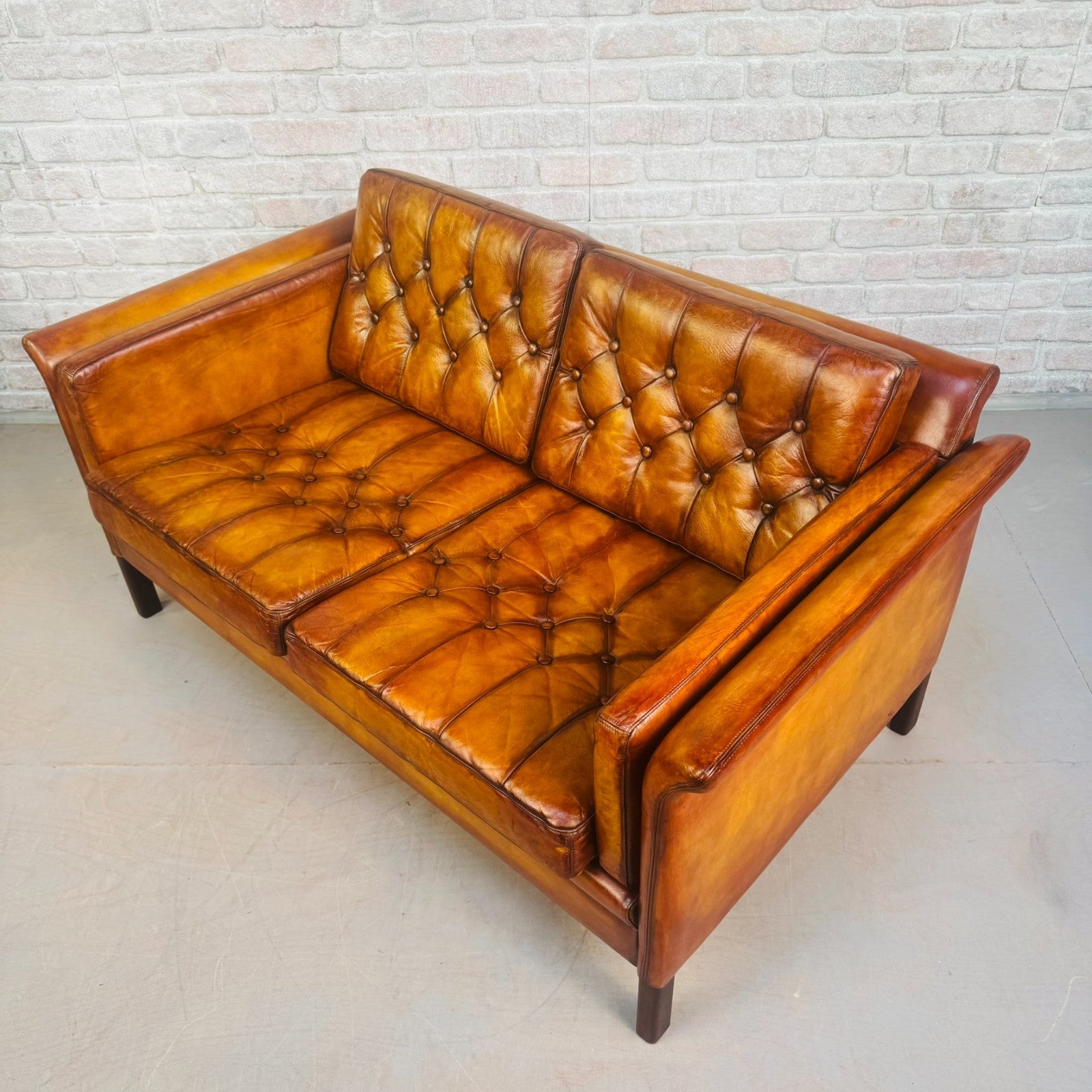 Vintage 1970s Danish Tan Leather 2 Seater Sofa Buttoned Mid Century