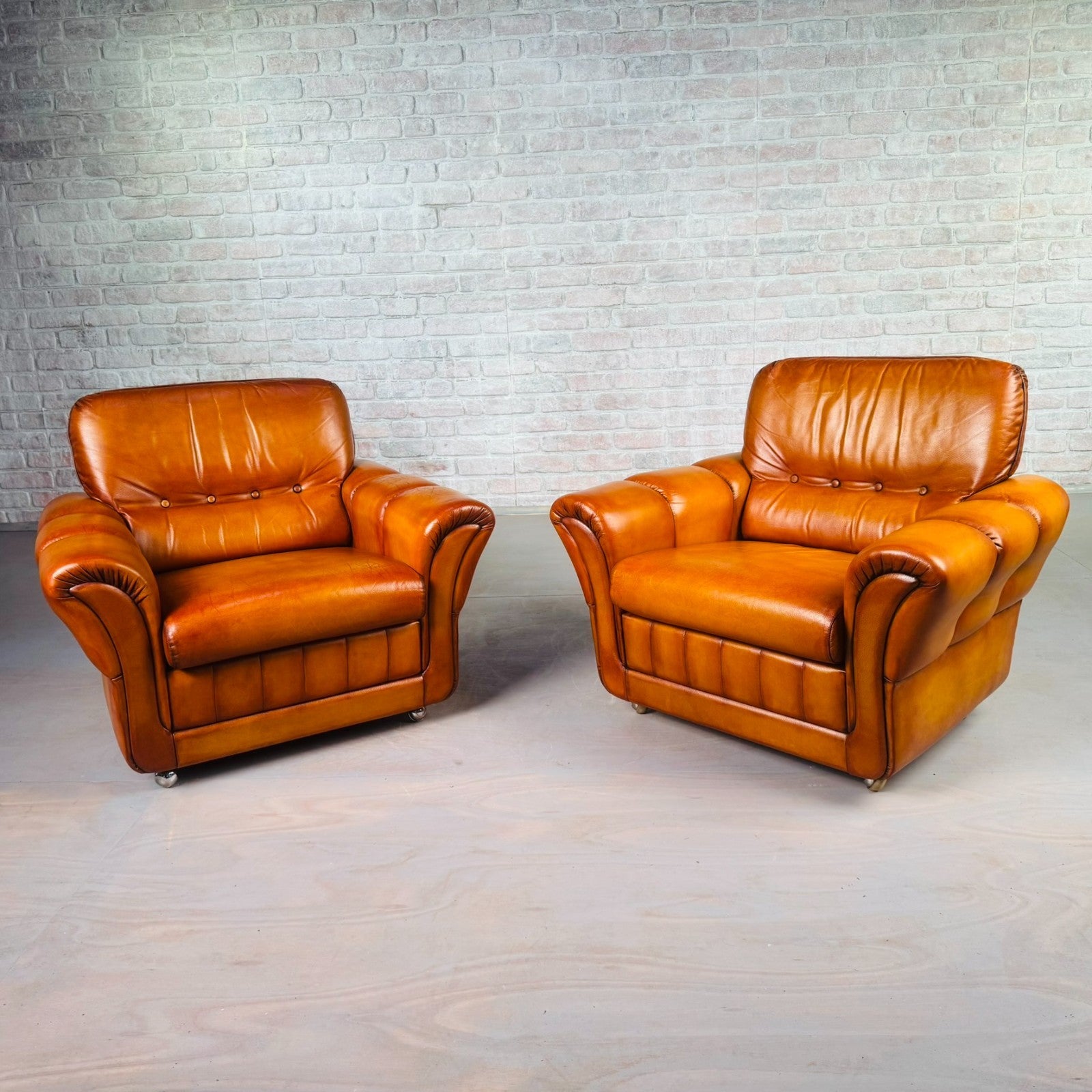 Pair of Vintage Danish Cognac Leather Armchairs – Hand-Dyed Patina