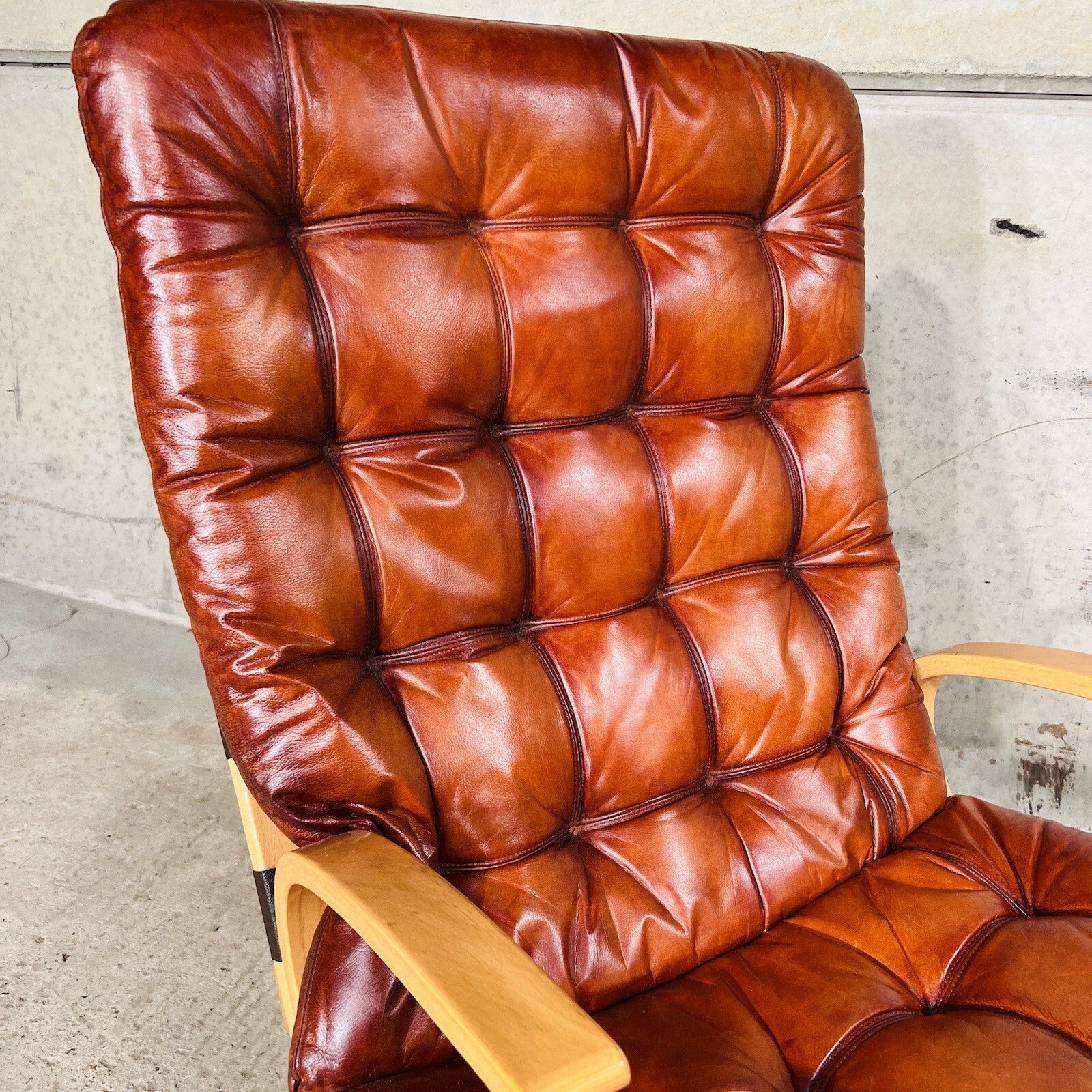 Wide Back Vintage 1970s Danish Cognac Leather Birch Bentwood Pair of Chairs