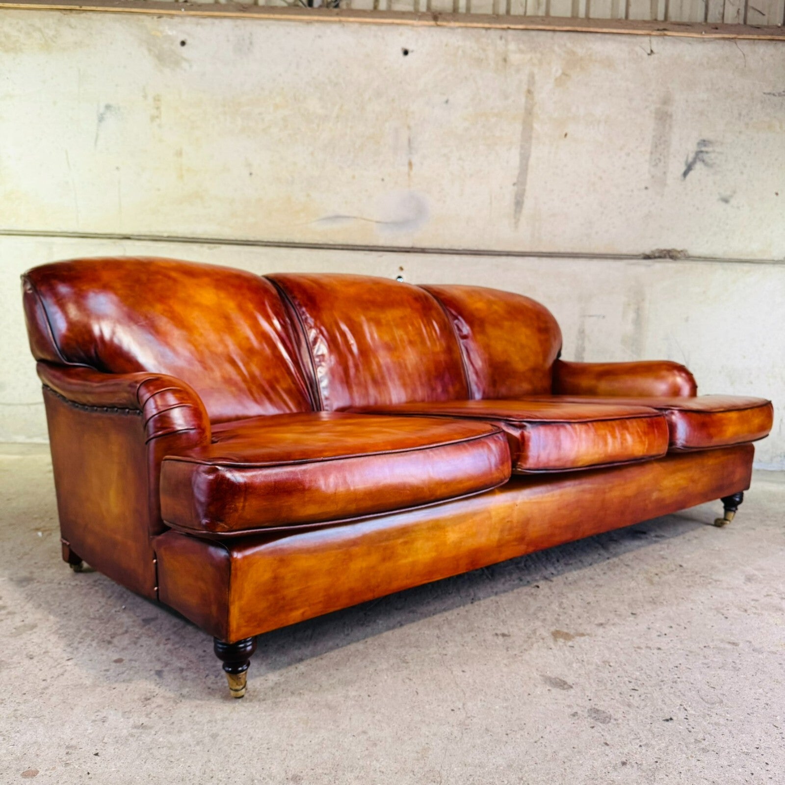 Vintage English Howard & Sons Bridgewater-Style 3-Seater Tan Leather Sofa