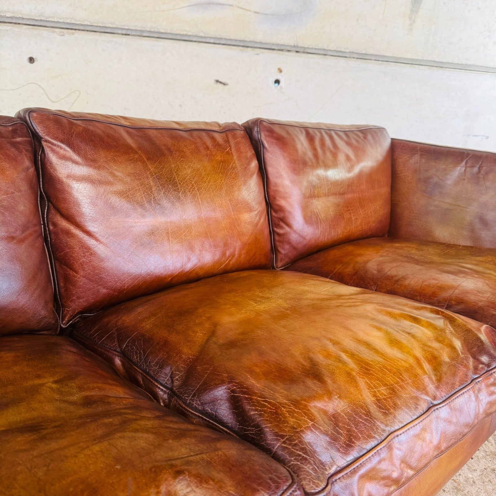 Danish Vintage Tan Leather Three-Seater Sofa — Sleek & Elegant