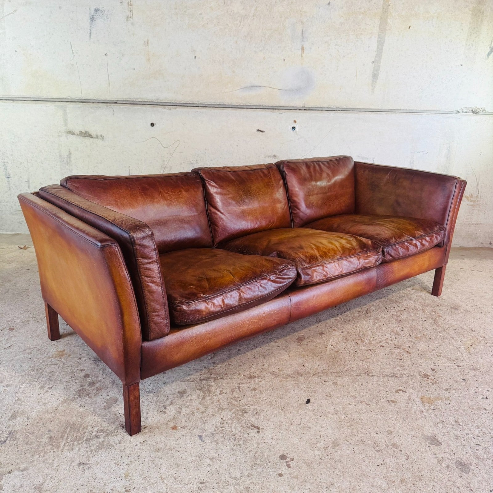 Danish Vintage Tan Leather Three-Seater Sofa — Sleek & Elegant