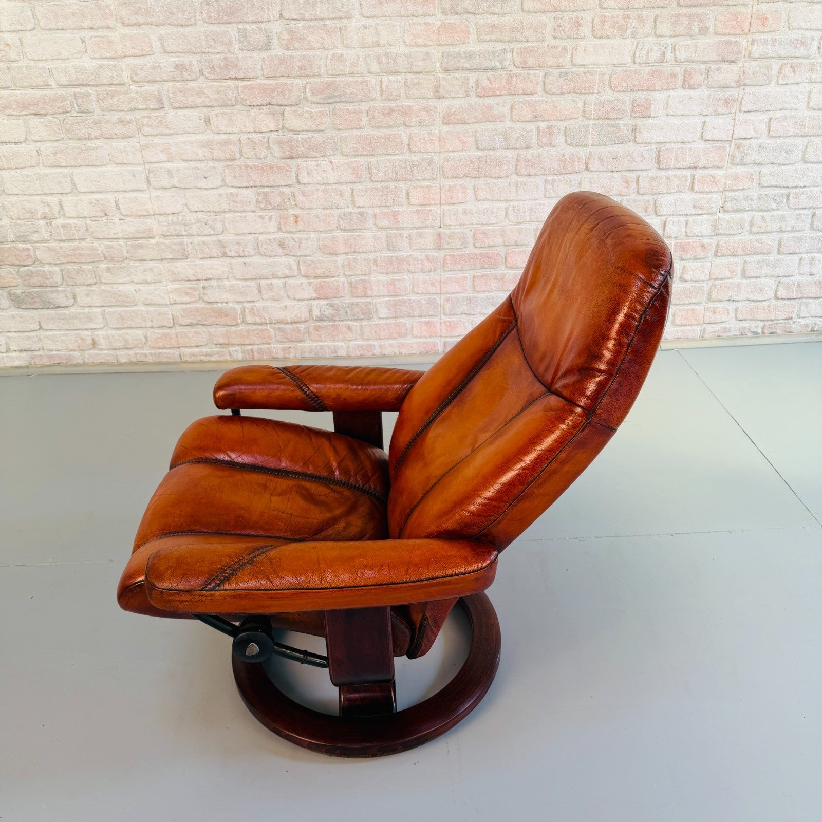 Vintage Danish Ekornes Reclining Swivel Armchair Tan Leather with Footstool