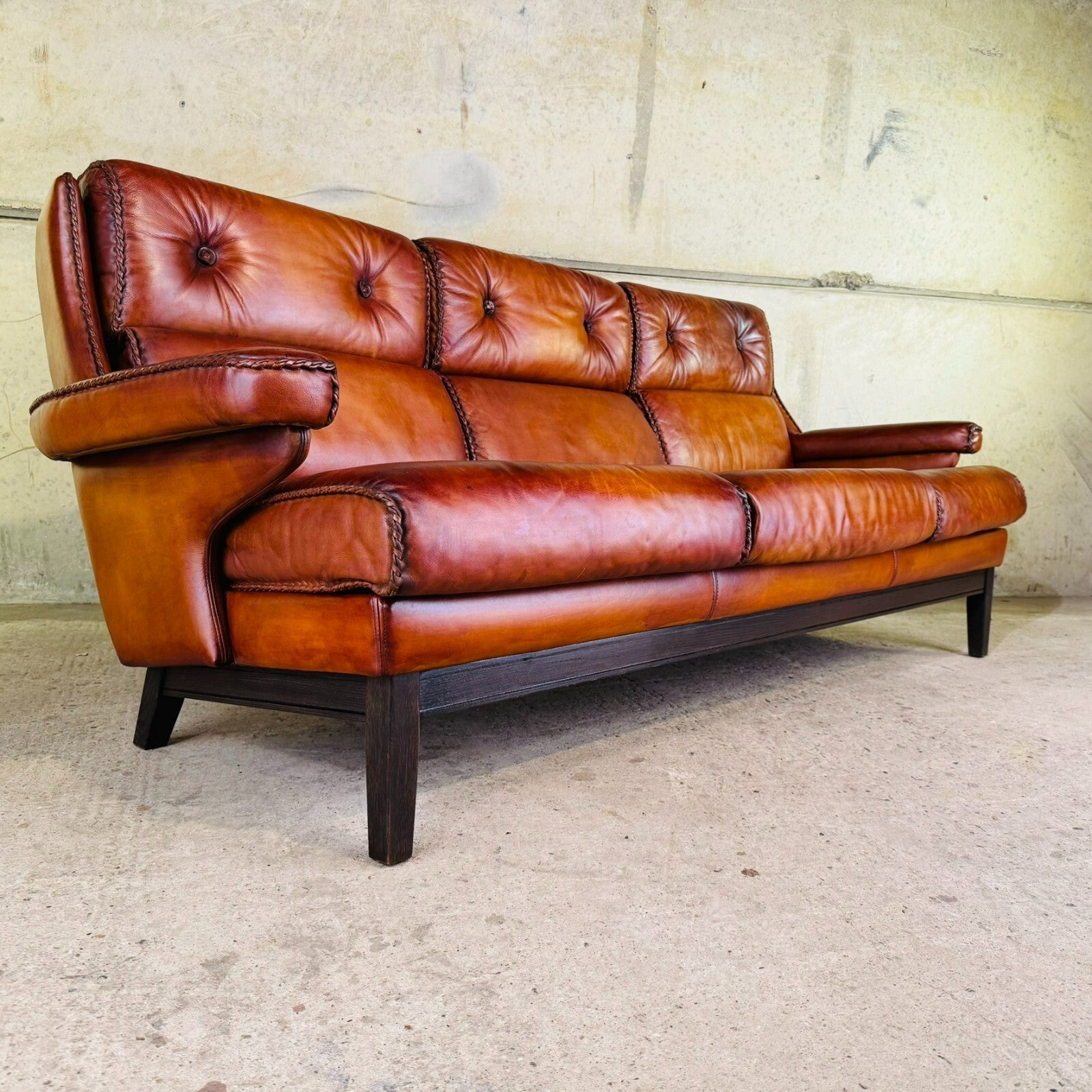 1970s Vintage Danish Long Three-Seater Cognac Leather Sofa – High Back