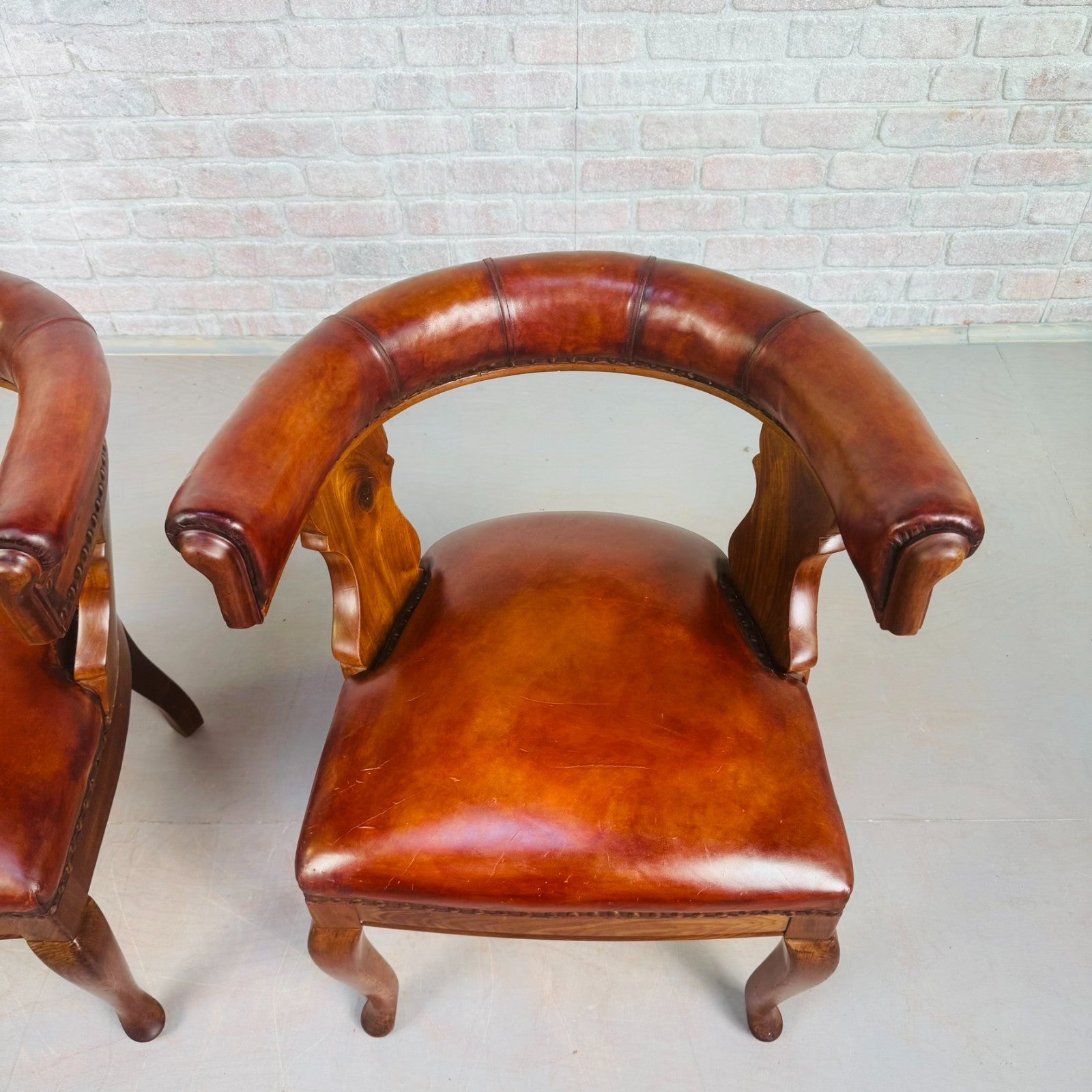 Pair of 40s Antique Danish Tan Leather Partner’s Desk Chairs Walnut Frame