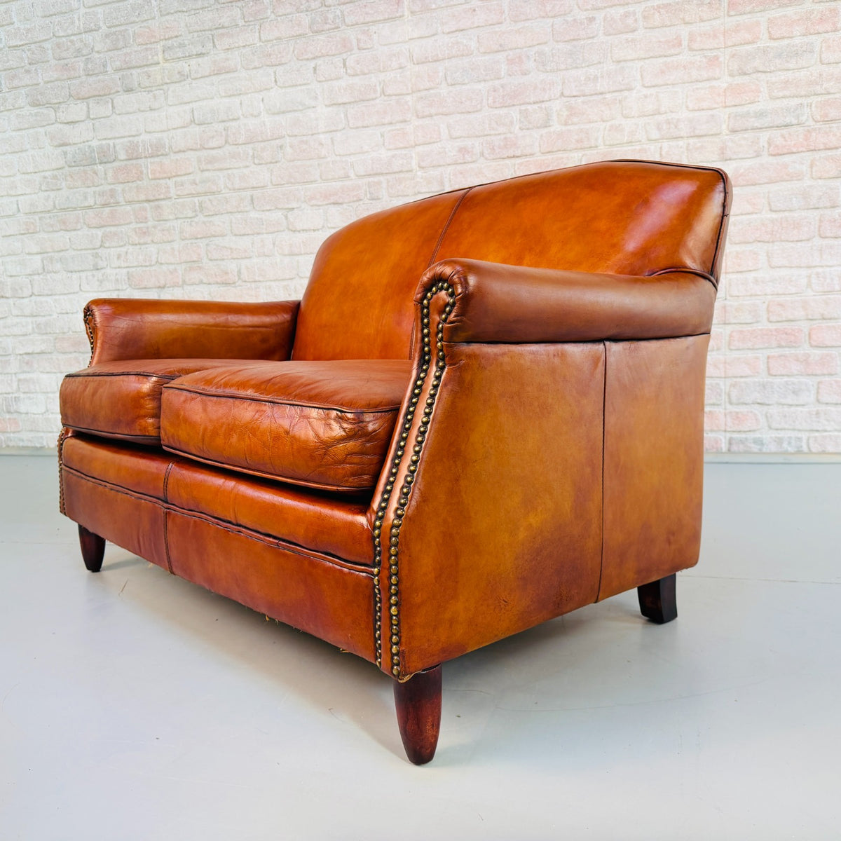 Vintage English Club Cognac Leather 2 Seater Sofa & Armchair Suite